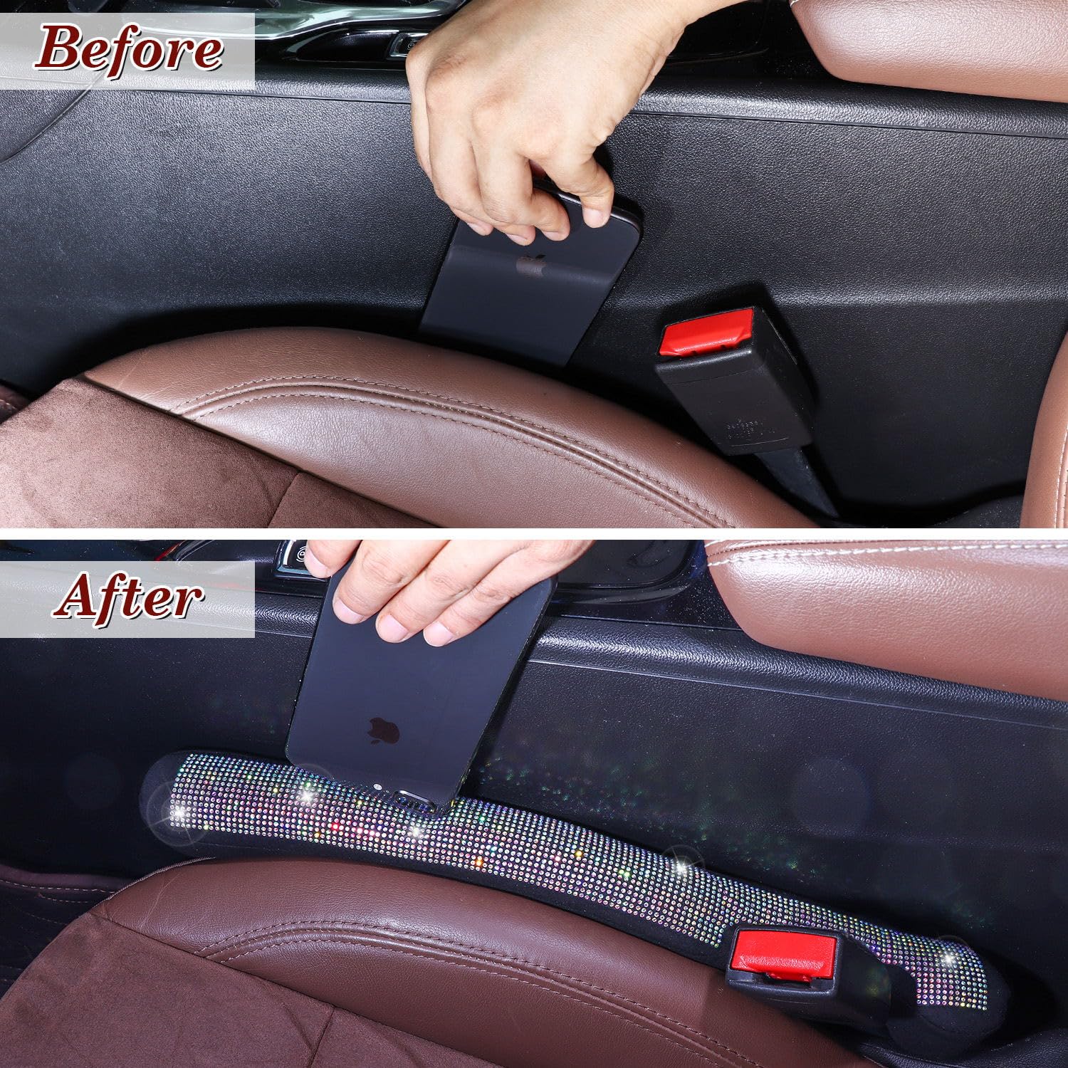 Tobequeen Bling Car Seat Gap Filler, Handmade Crystal Diamond Rhinestone Colorful Bling Car Accessories For Women, Universal Fit