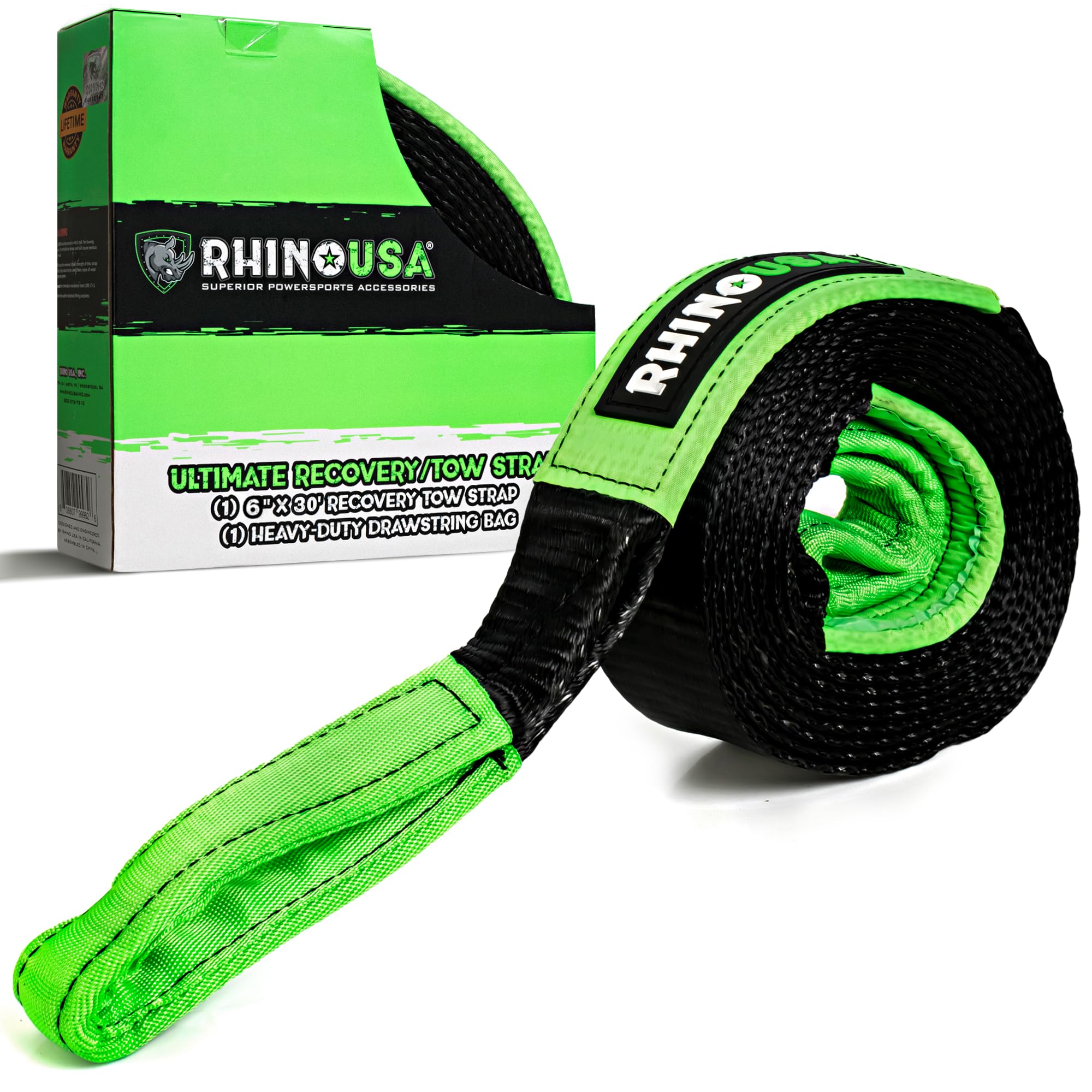 Rhino Usa Recovery Tow Strap (6'' X 30') - 48,000Lb Break Strength - Emergency Recovery Strap Tow Rope For Big Trucks, Suv, Back