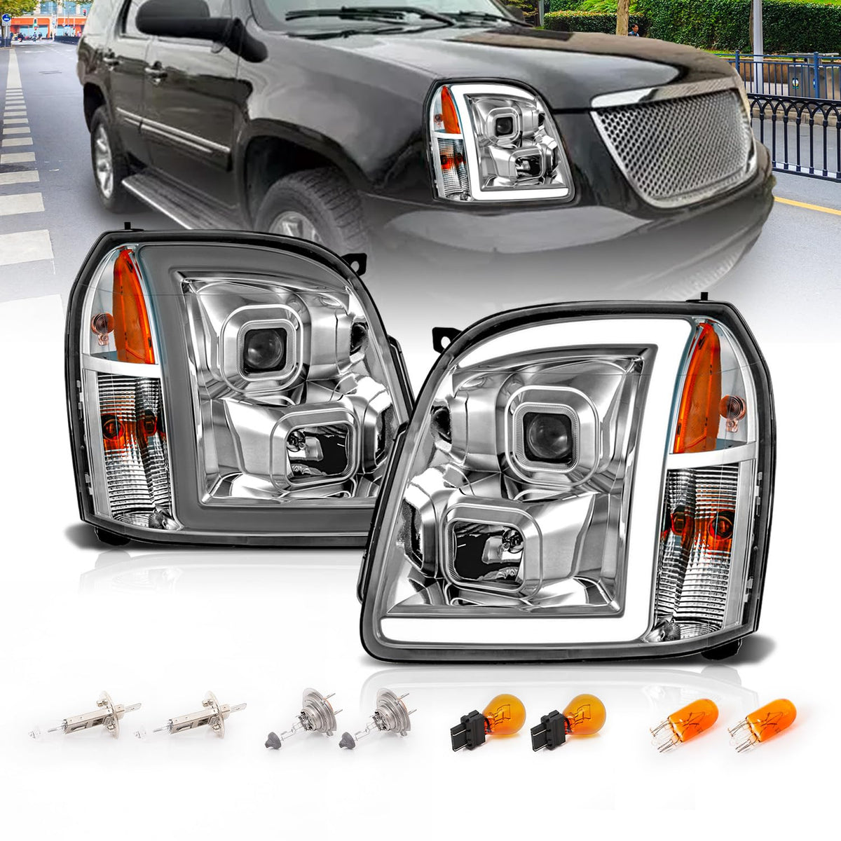 Amerilite For 2007-2014 Gmc Yukon/Yukon Xl Denali/Yukon Hybrid Chrome Led Tube Square Projector Headlights Set - Passenger And D