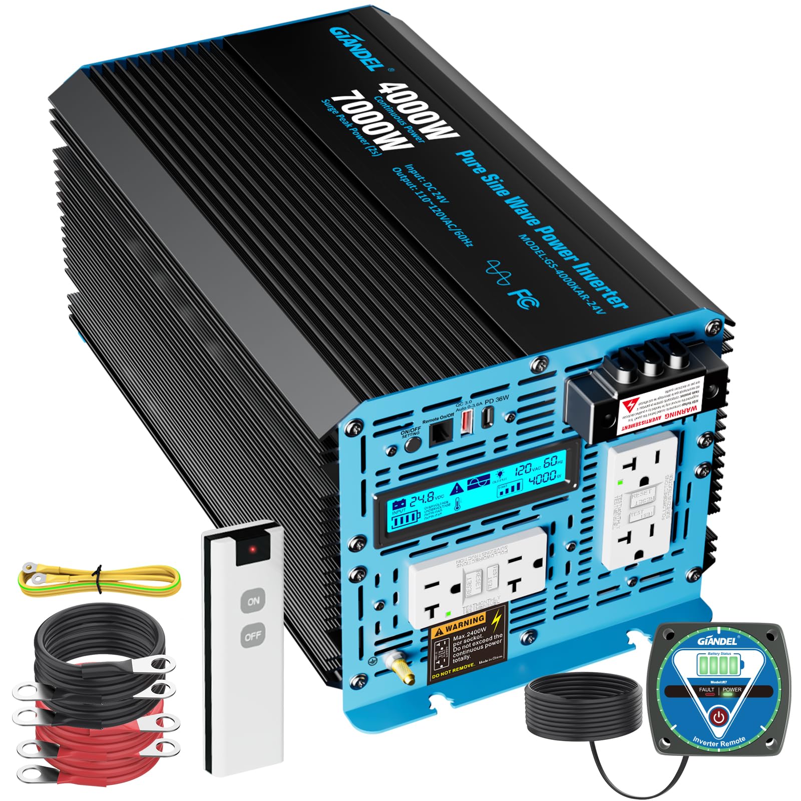 GIANDEL 4000 Watt 24 V Pure Sine Wave Power Inverter 7000Watt Surge,UL458 Listed GFCI Outlets,Inverter 24V DC to 120V AC,FCC App