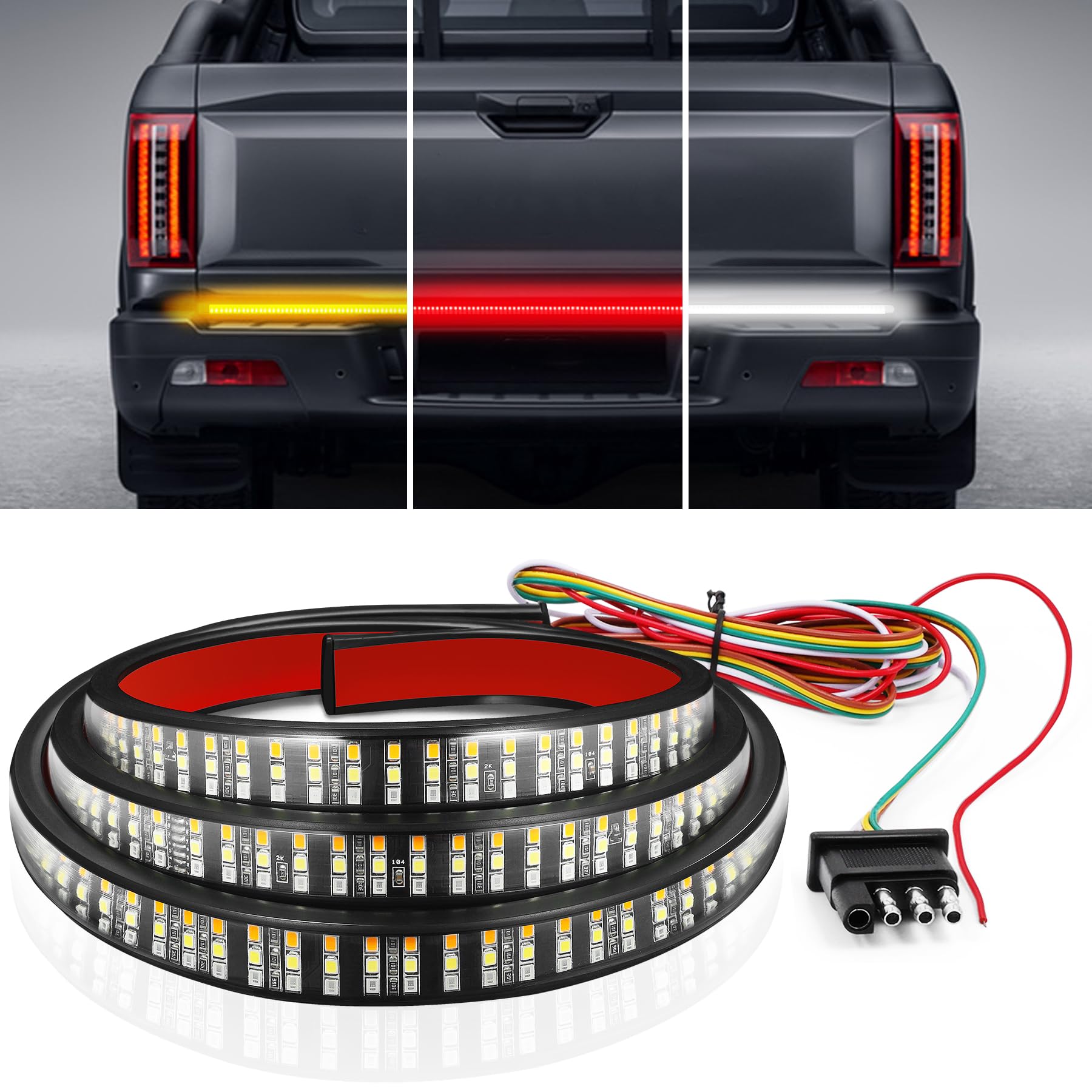 Livtee Truck Tailgate Light Bar, 60'' Triple Row Led Brake Light Strip With Red Brake/White Reverse/Sequential Amber Turning Sig
