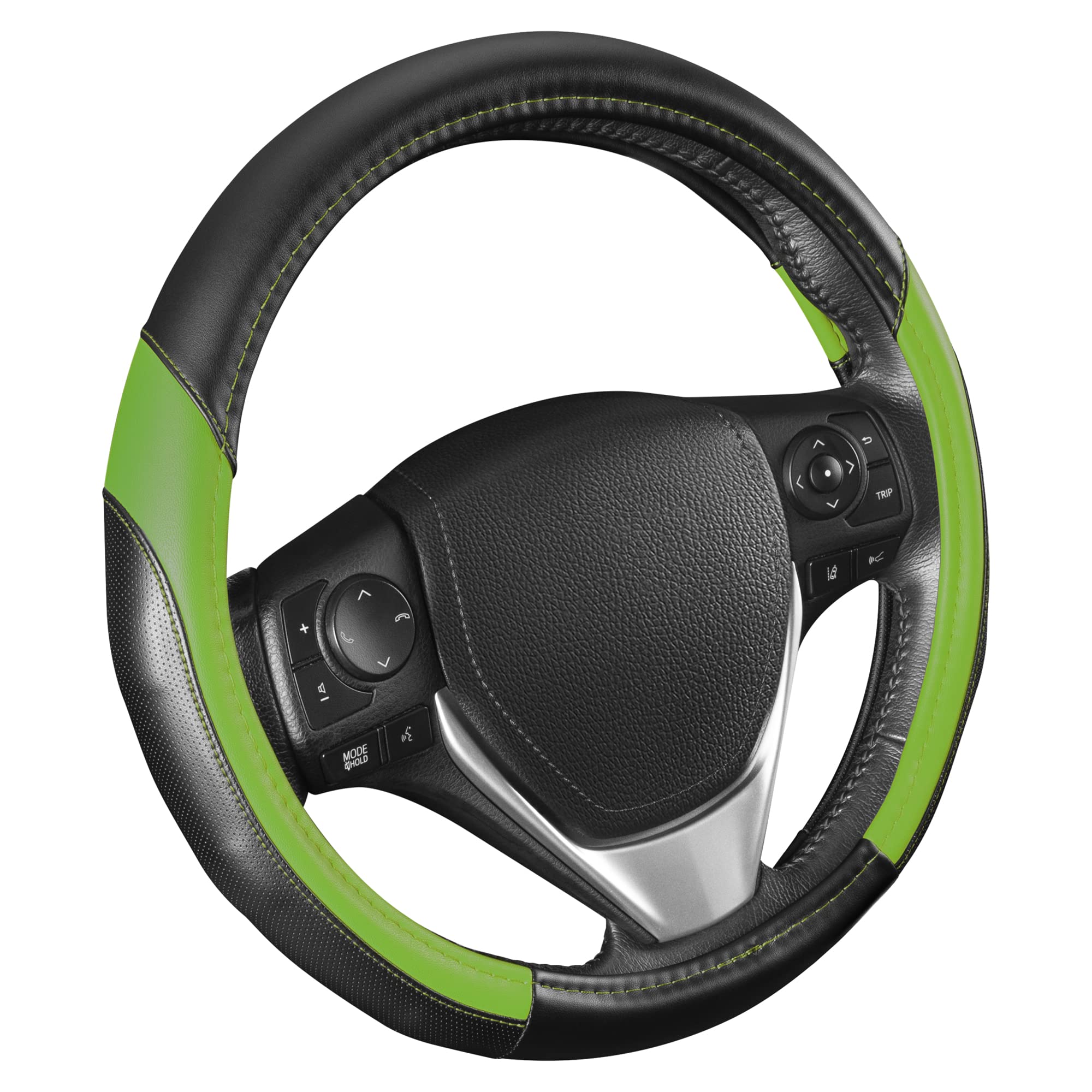 Motor Trend Sportdrive Faux Leather Steering Wheel Cover, Standard 15 Inch Size, Two-Tone Black & Green, Car Steering Wheel Cove