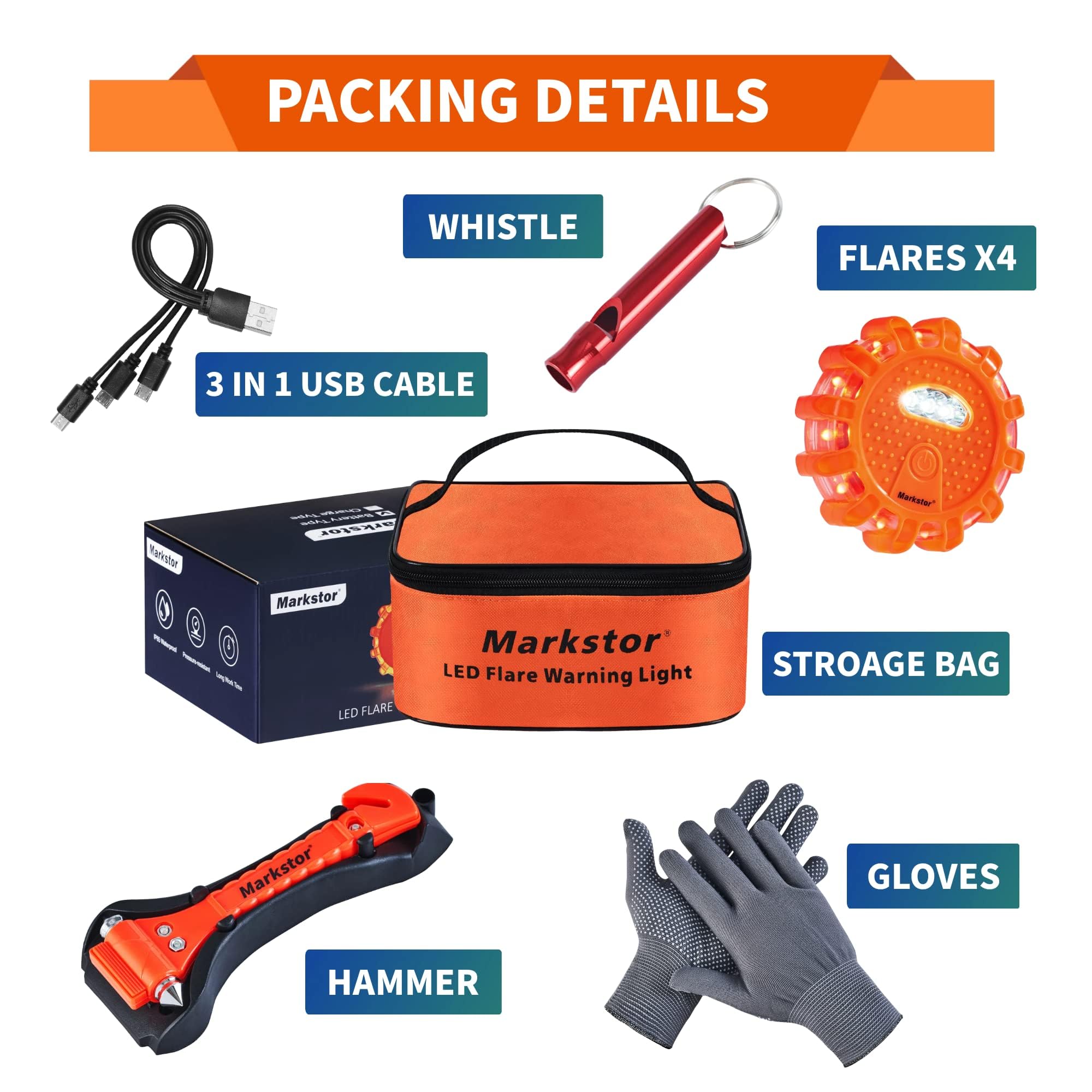 Markstor Led Road Flares 4 Pack Led Flares Emergency Kit, Usb Recharge Amber Led Flares Warning Light With Magnetic, Roadside Sa