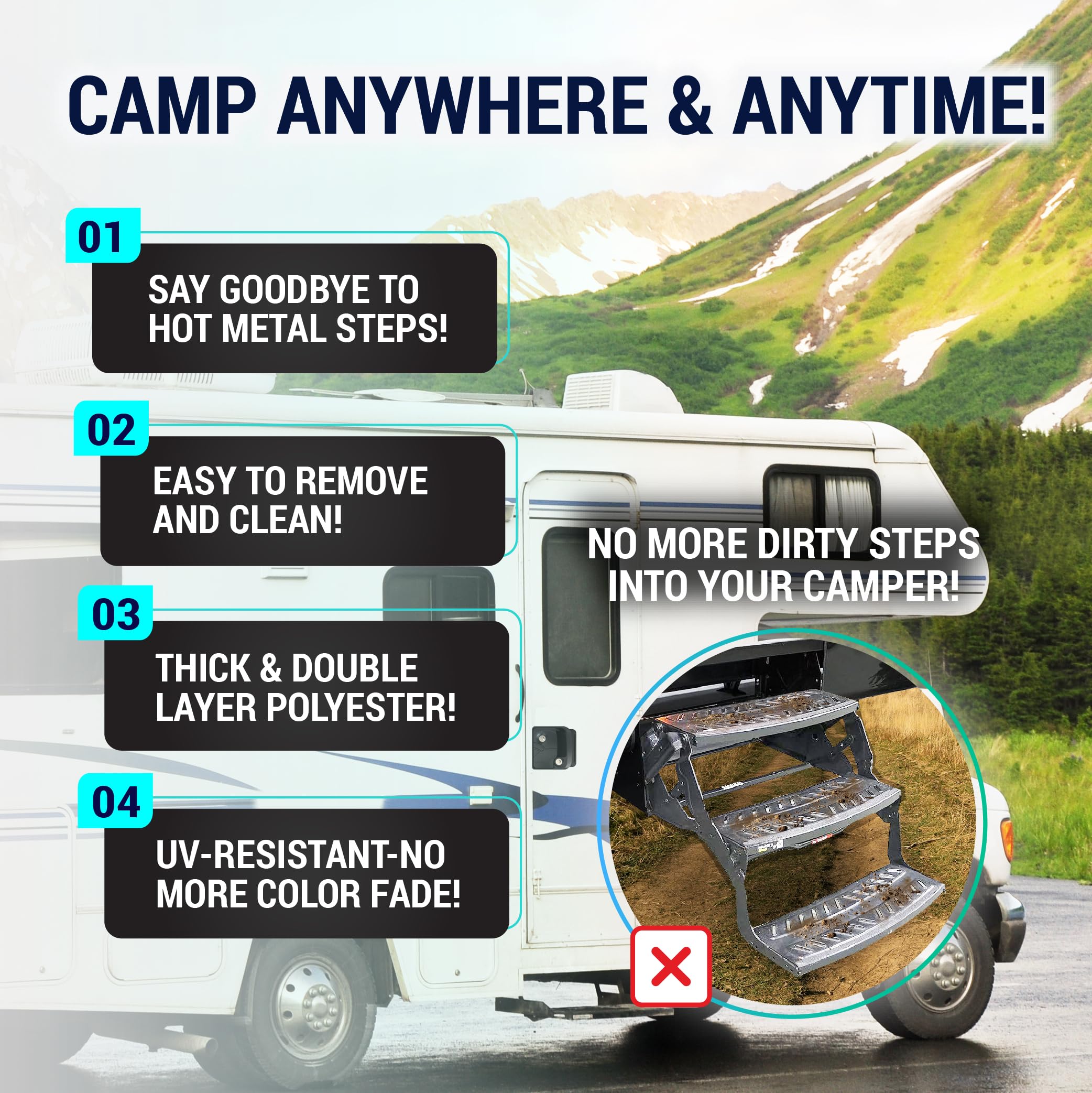 Latch.It Rv Step Covers 3 Pack | 22'' Wide Camper Step Covers For Radius Steps Only! | Rv Step Rug Best Fits 8-11'' Deep Rv Stai