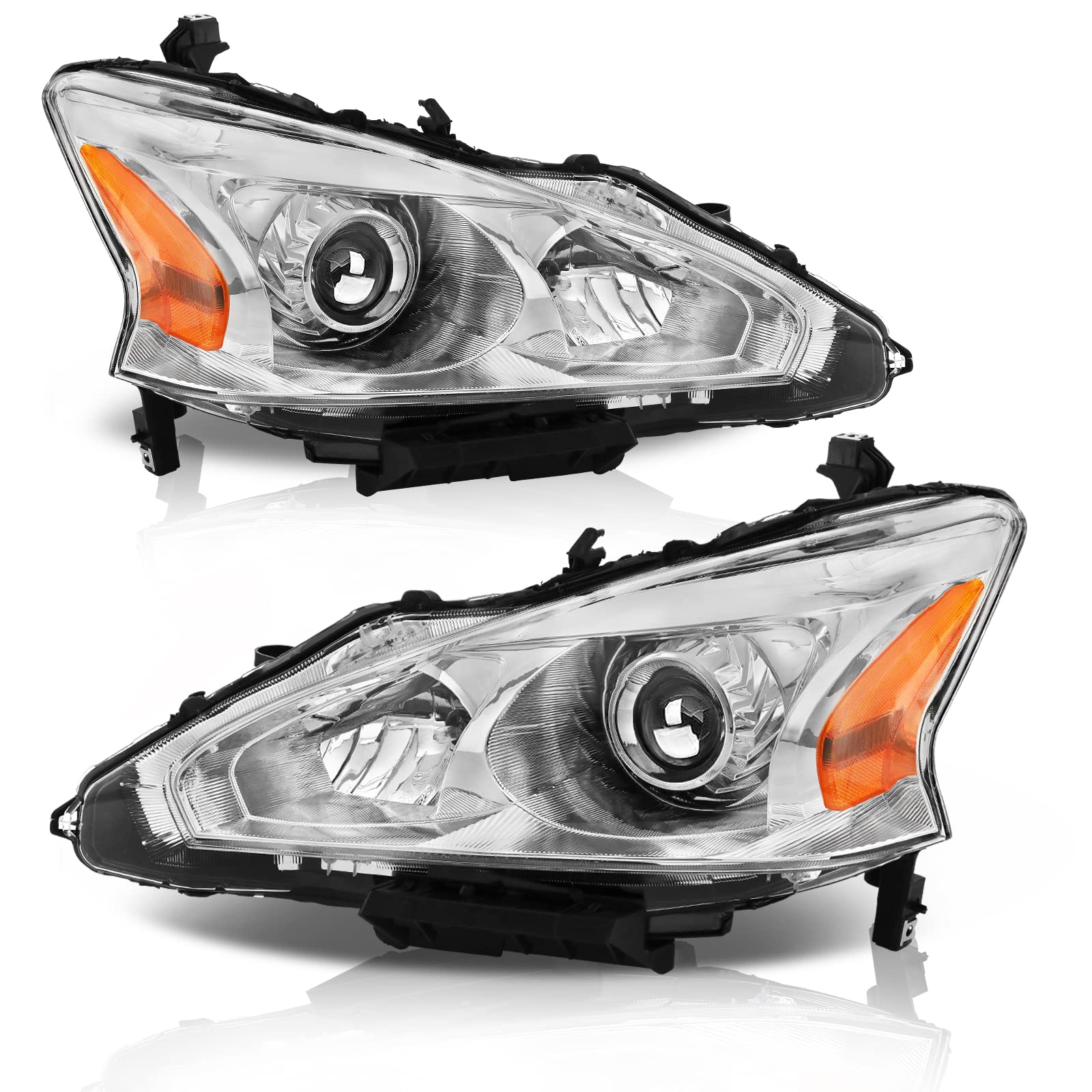 Alziria Headlight Assembly Compatible With 2013-2015 Nissan Altima S/Sl/Sv-Only Fit 4Door (Chrome Housing Amber Reflector)