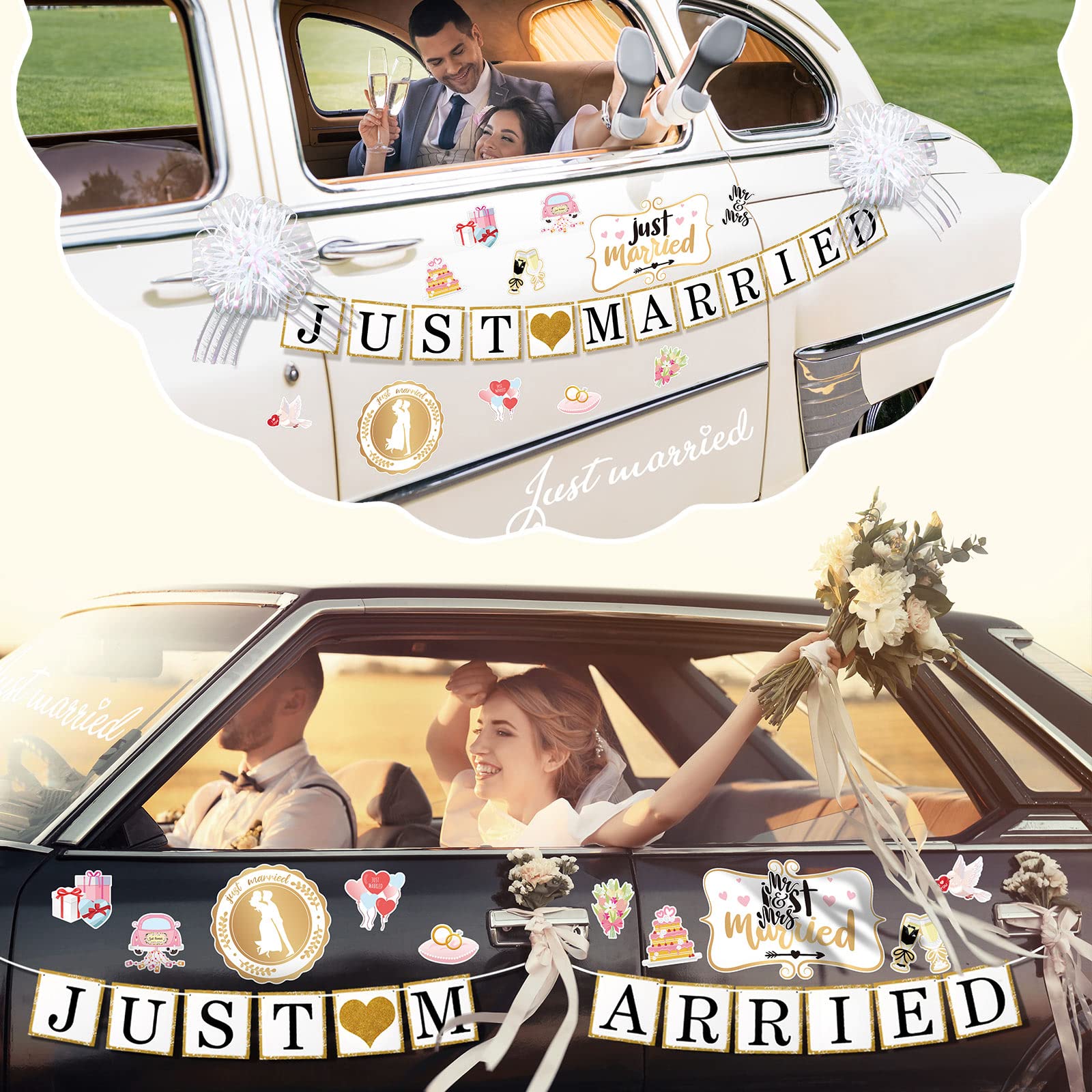 18 Pcs Just Married Wedding Car Decorations Include 12 Just Married Ornate Car Magnets Window Decal Sign Banner 4 Organza Pull B