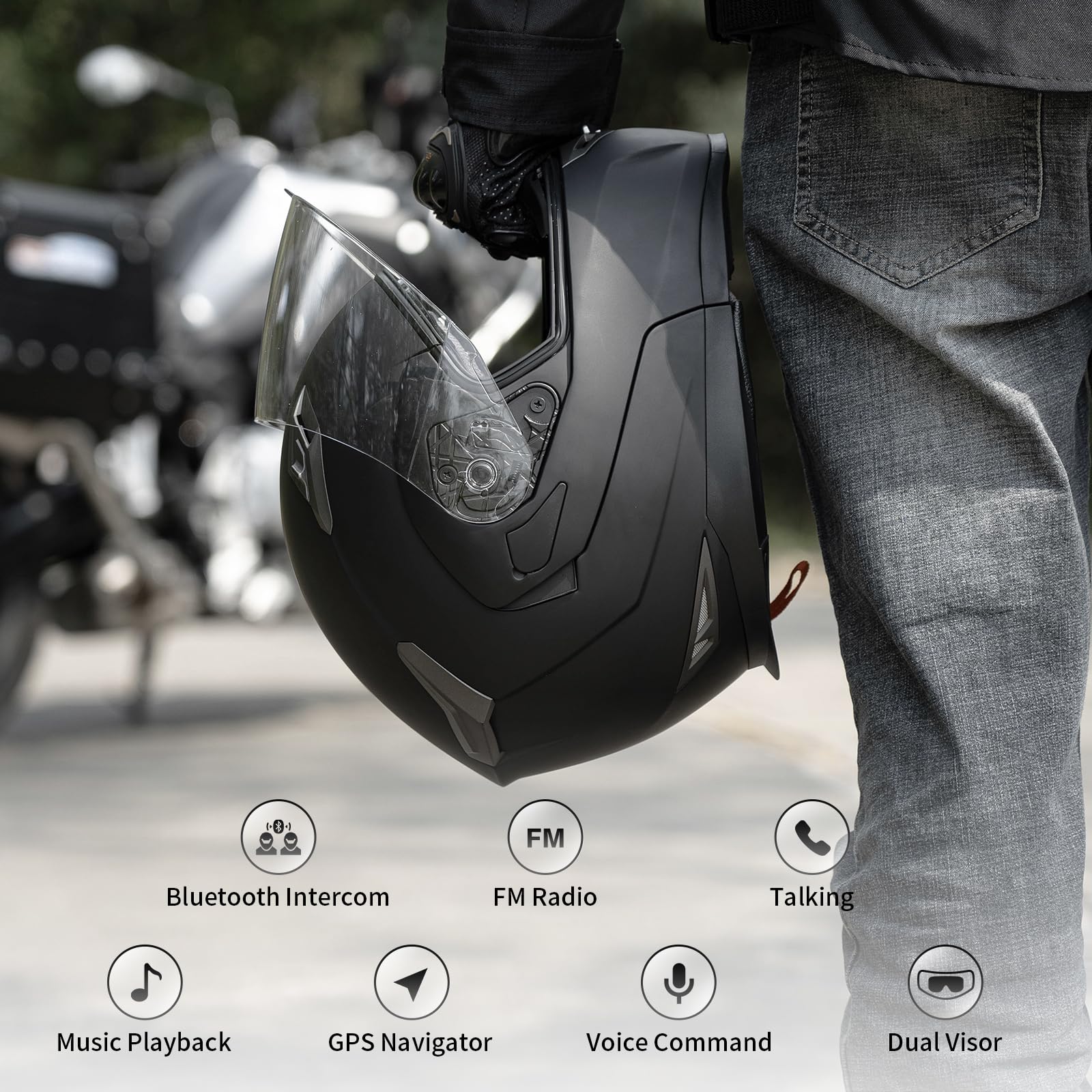 Motorcycle Helmet Bluetooth 5.0 Integrated New Eps Freedconn Bm2-S Modular Flip Up Dual Visor Motorbike Helmet Dot Fmvss-218 App
