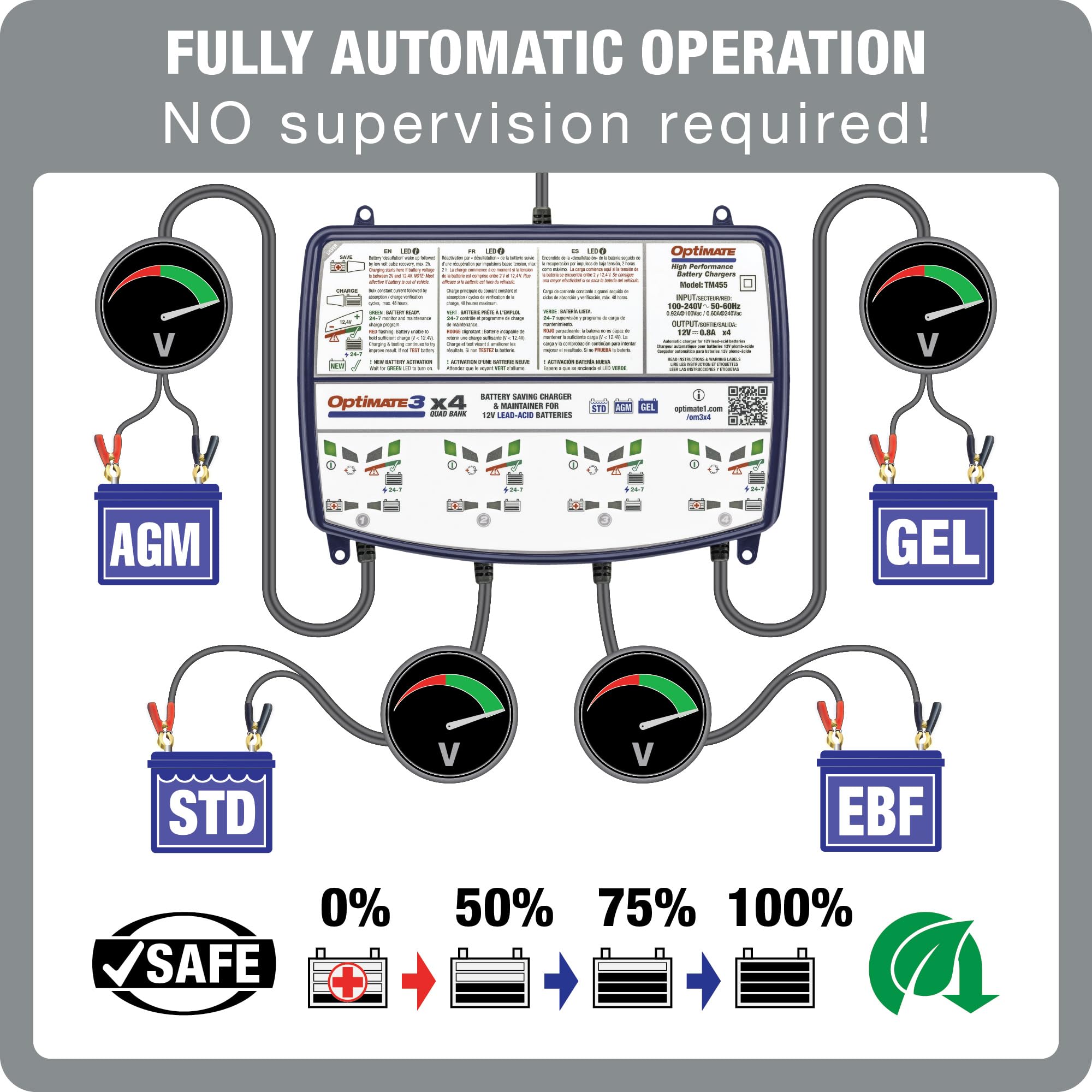 OptiMate3 0.8A x4 Bank, Smart Quad-Bank Battery Saving Charger for 12V Lead-acid Motorcycle and Powersport Batteries