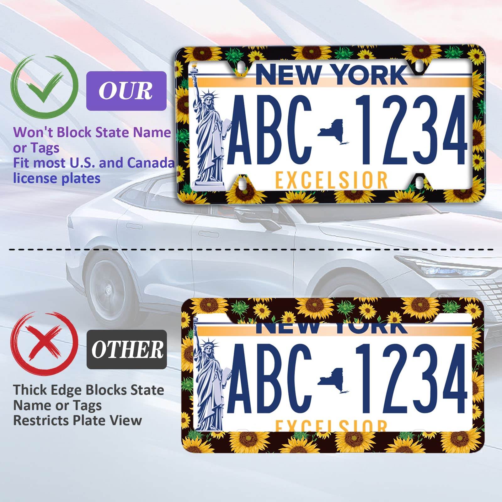 ?2Pcs? Sunflower Flowers Green Leaves Watercolor License Plate Frame Stainless Steel Car License Plate Frame Accessory Car Plate