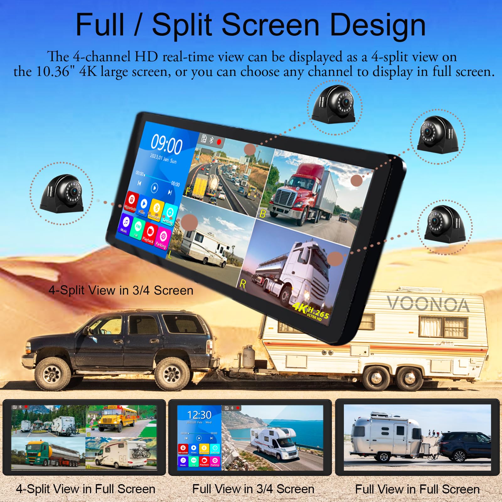 4K Rv Backup Camera System 10.36'' Quad Split Touch Screen Monitor With 4 1080P Rear Side View Camera, Dvr Recording Bluetooth M