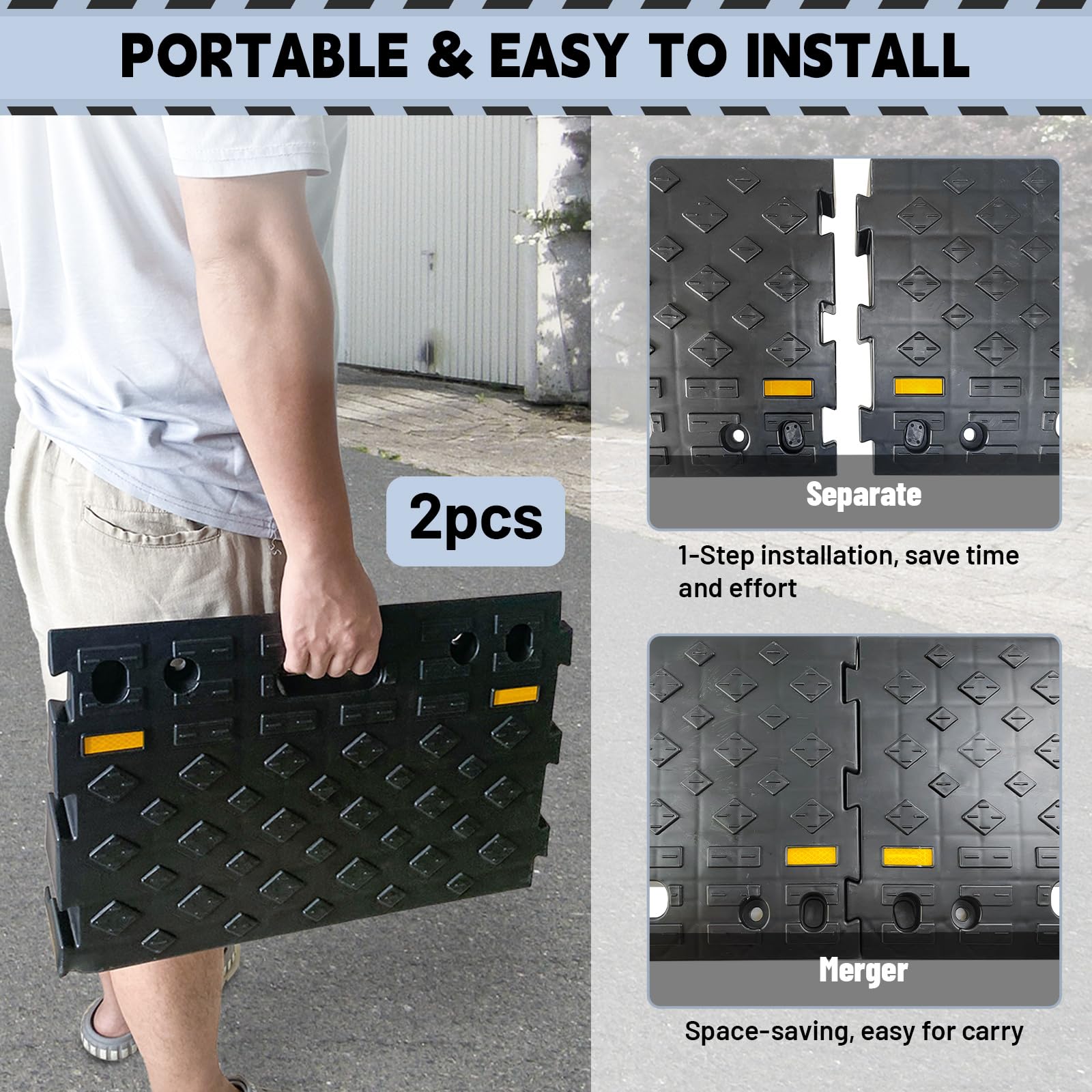 4'' High 2-Piece Portable Automotive Curb Ramp, Heavy-Duty Plastic Threshold Ramp Track Interlocking Step Ramp Structure 6600 Lb