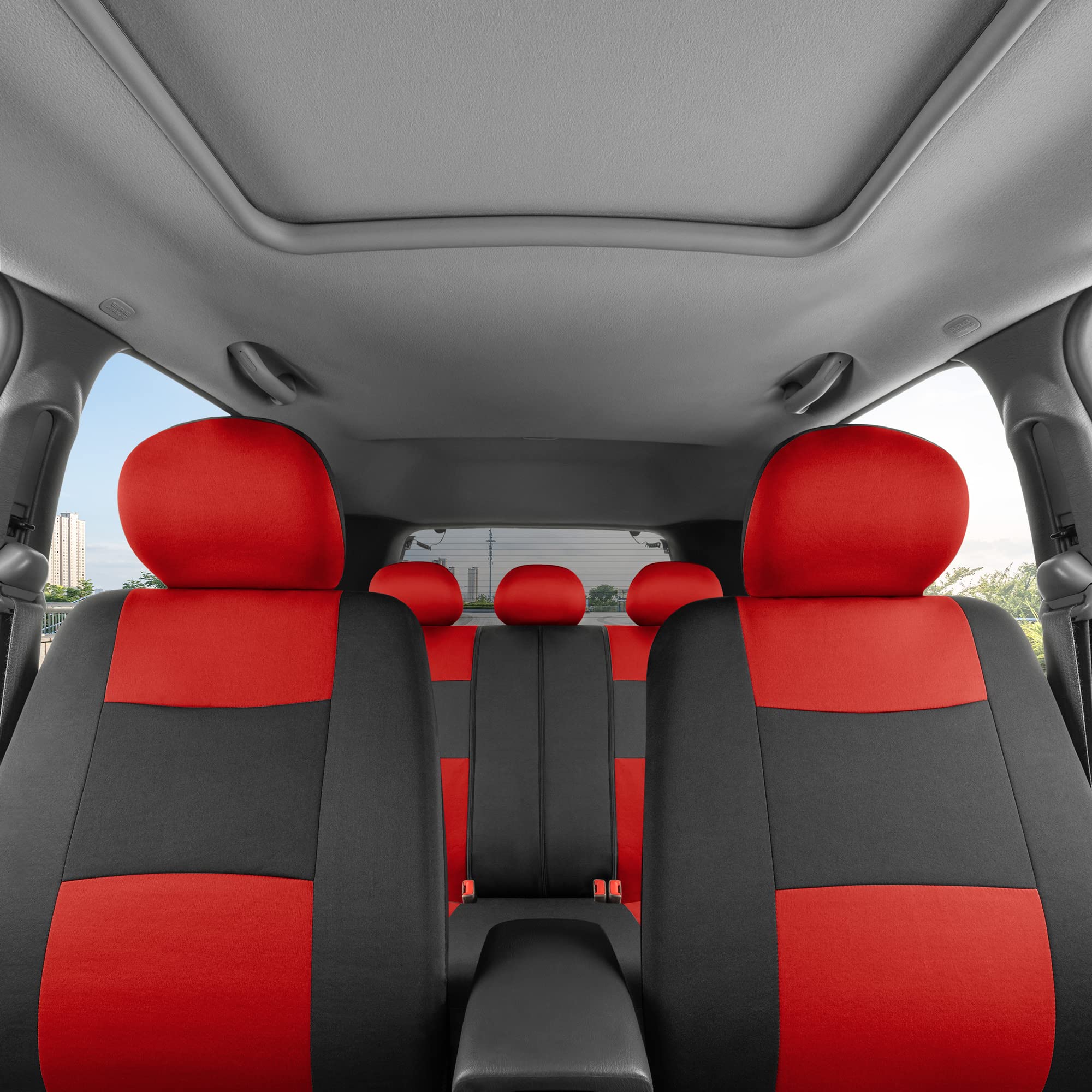Bdk Polypro Car Seat Covers Full Set In Red On Black - Front And Rear Split Bench Seat Covers, Easy To Install, Accessories For Auto Trucks Van Suv