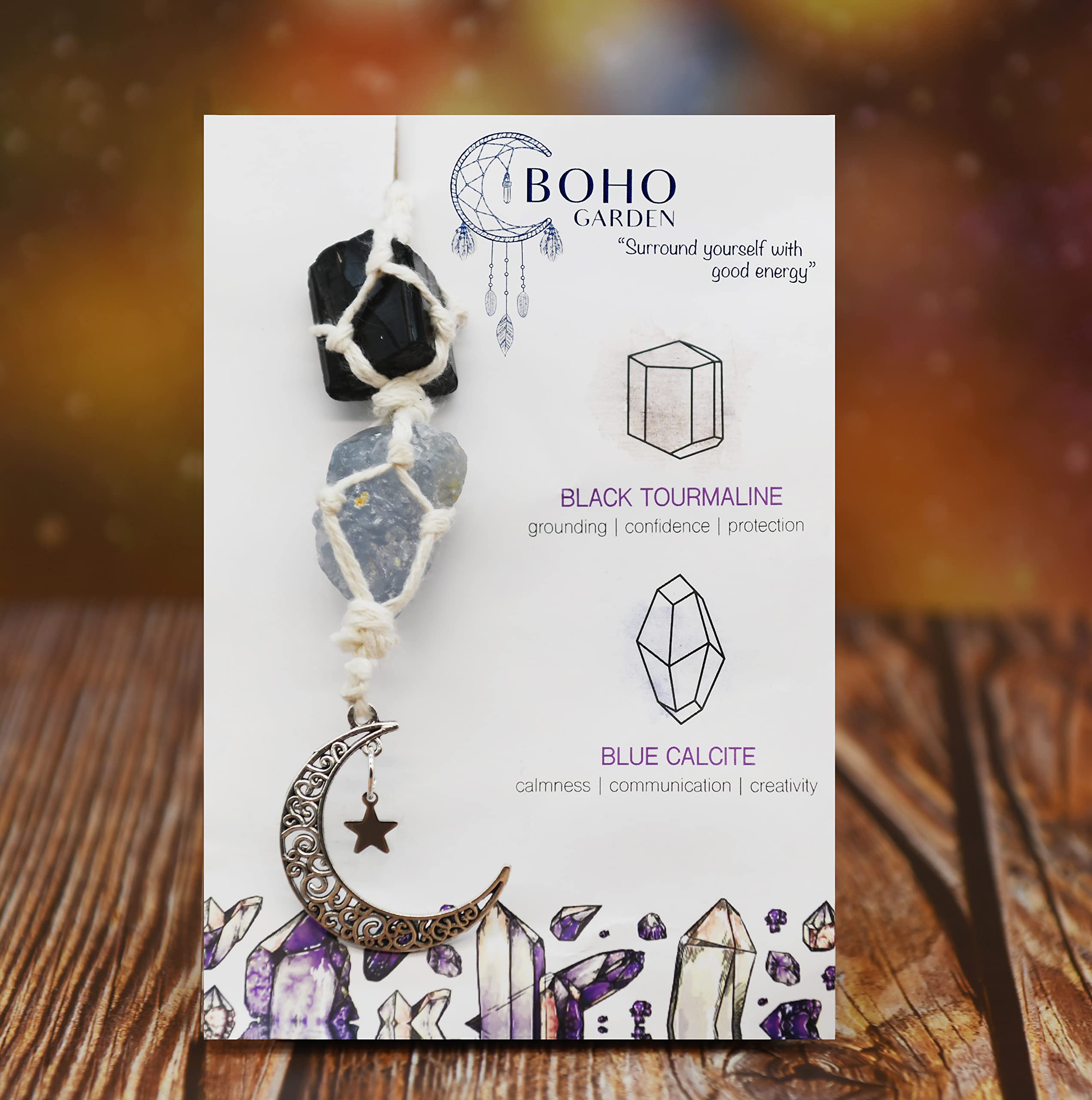 Boho Garden Hanging Car Charm - Black Tourmaline & Blue Calcite - Dangling Moon & Healing Crystal Accessories, Rearview Mirror Decorations - Confidence, Calmness, Creativity, Protection, Communication