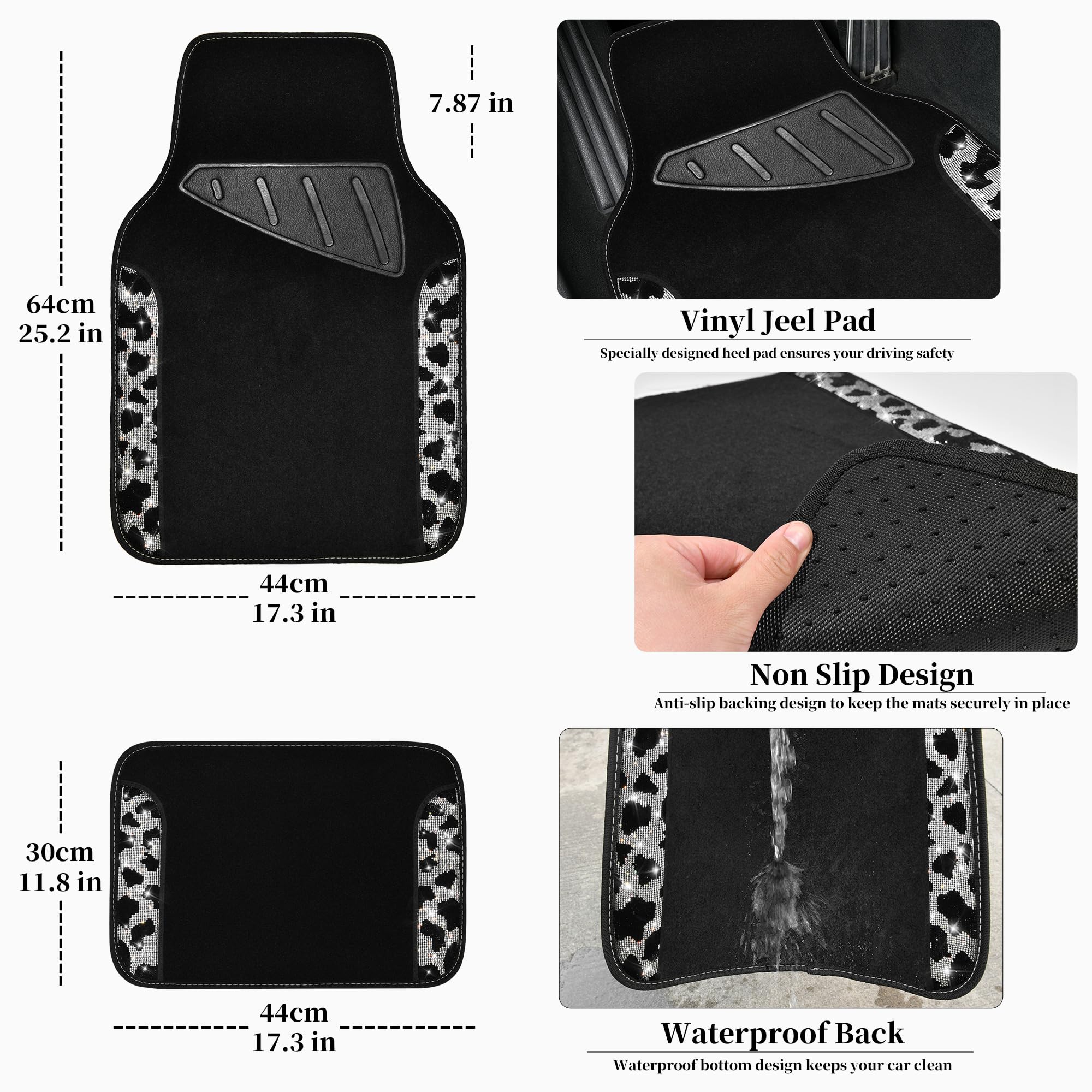 CAR PASS Bling Cow Car Mats Rhinestones Diamond Waterproof Floor Mat Crystal Sparkly Shining Glitter Carpet Anti-Slip PVC Heel P