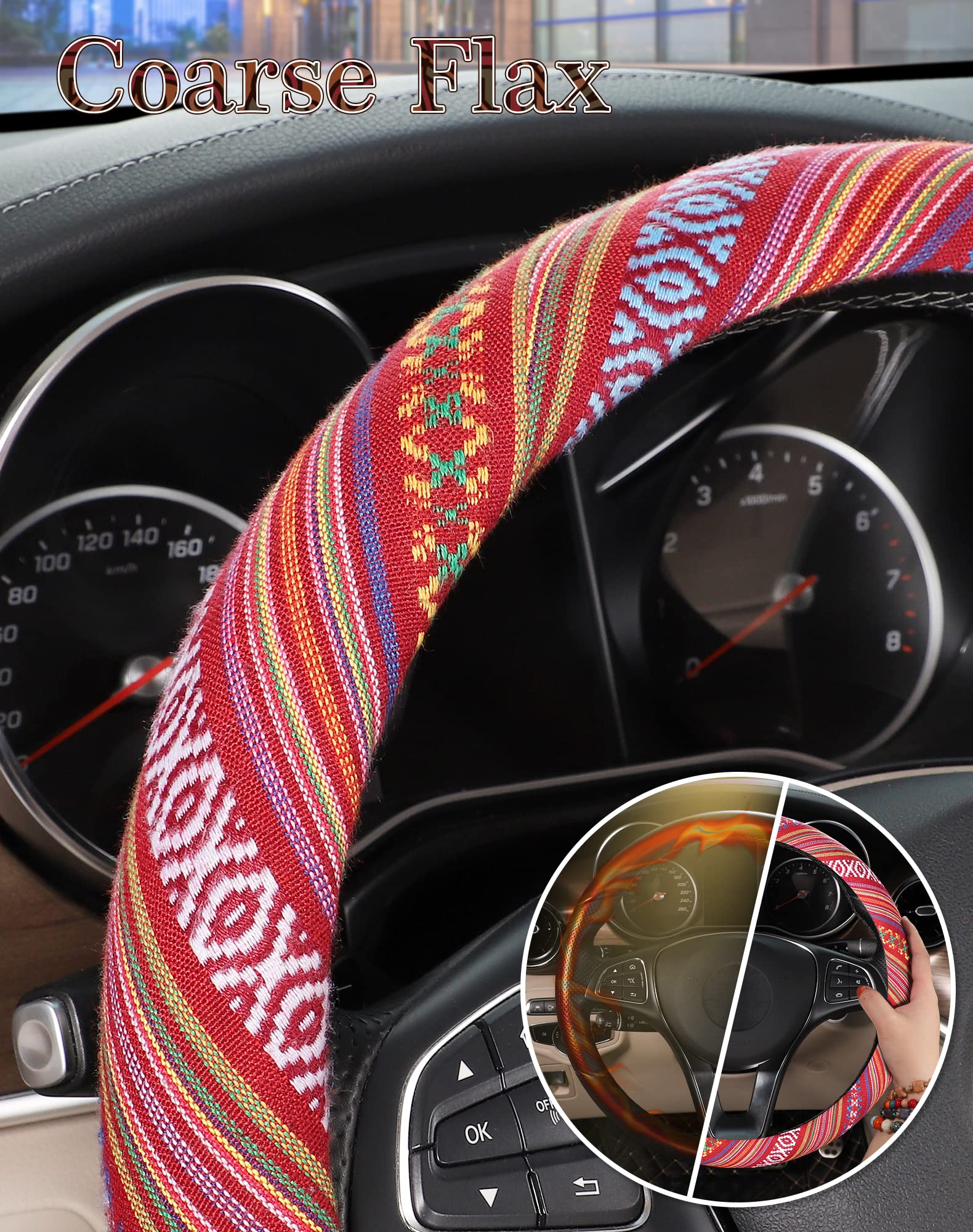 Seg Direct Boho Steering Wheel Cover With Baja Blanket Cloth, Ethnic Style Auto Wheel Cover Made Of Coarse Flax, Fits 14 1/2-15