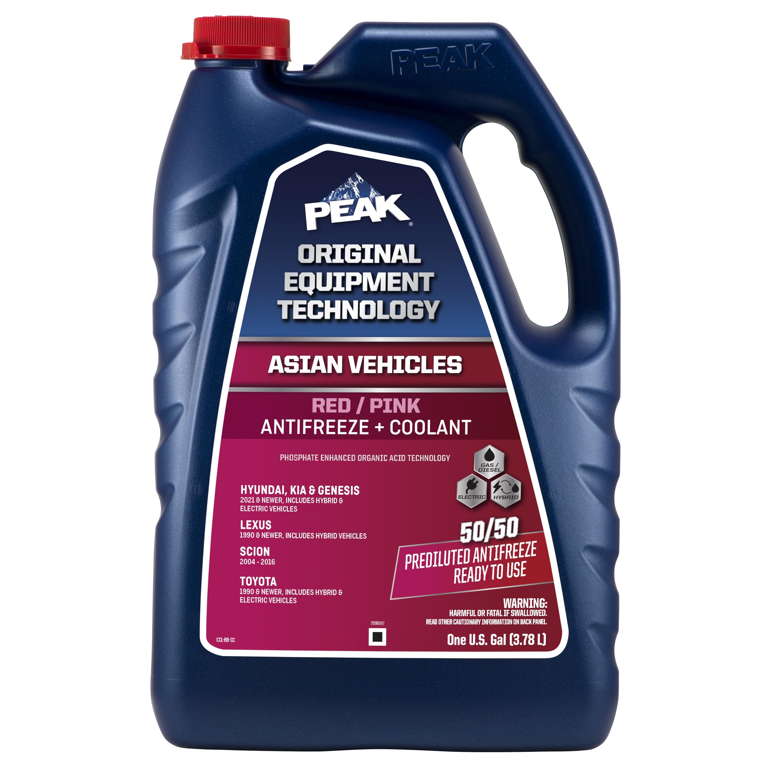 Peak Oet Extended Life Red/Pink 50/50 Prediluted Antifreeze/Coolant For Asian Vehicles, 1 Gal.