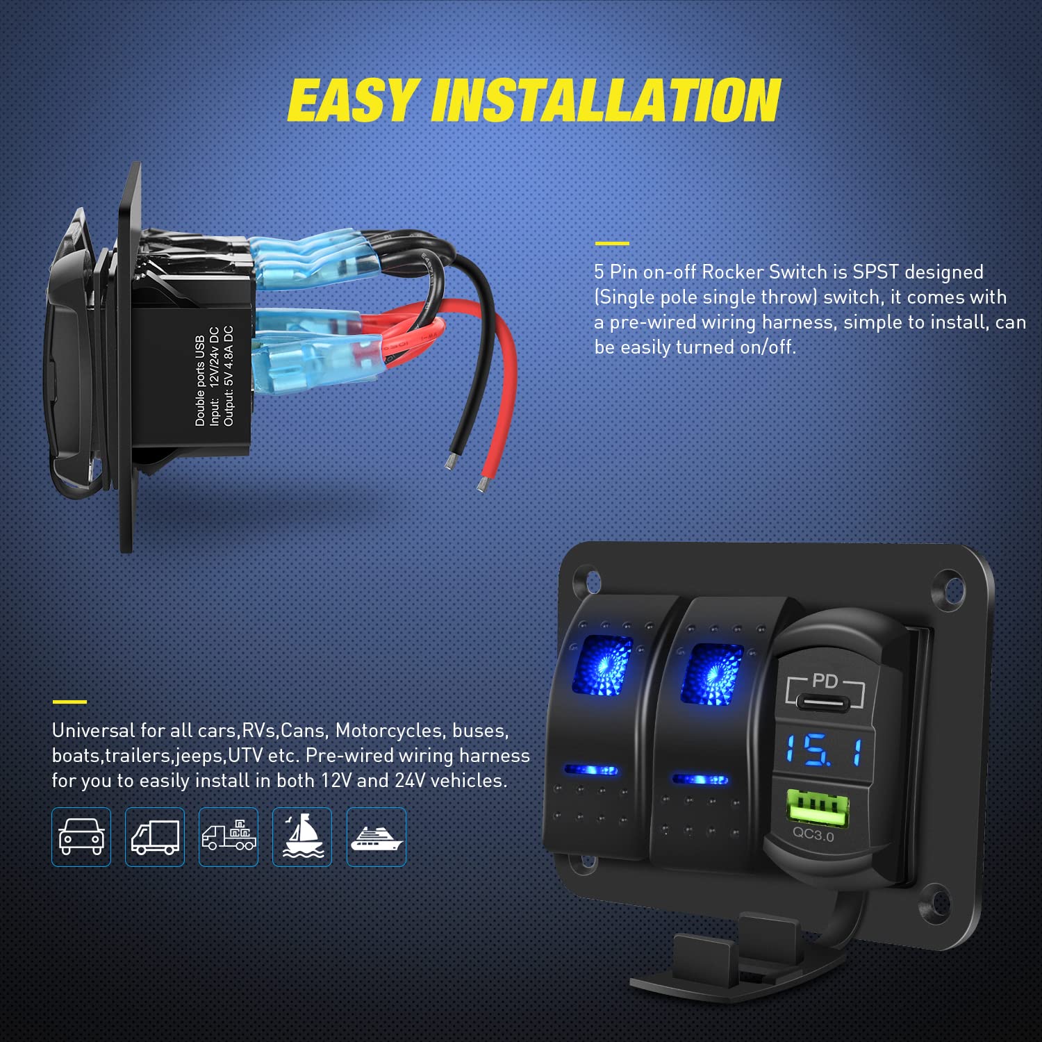 Nilight 2 Gang Rocker Switch Panel Blue Backlit With Pd Type C And Usb Charger Voltmeter Waterproof 12V 24V Dc Night Glow Sticke
