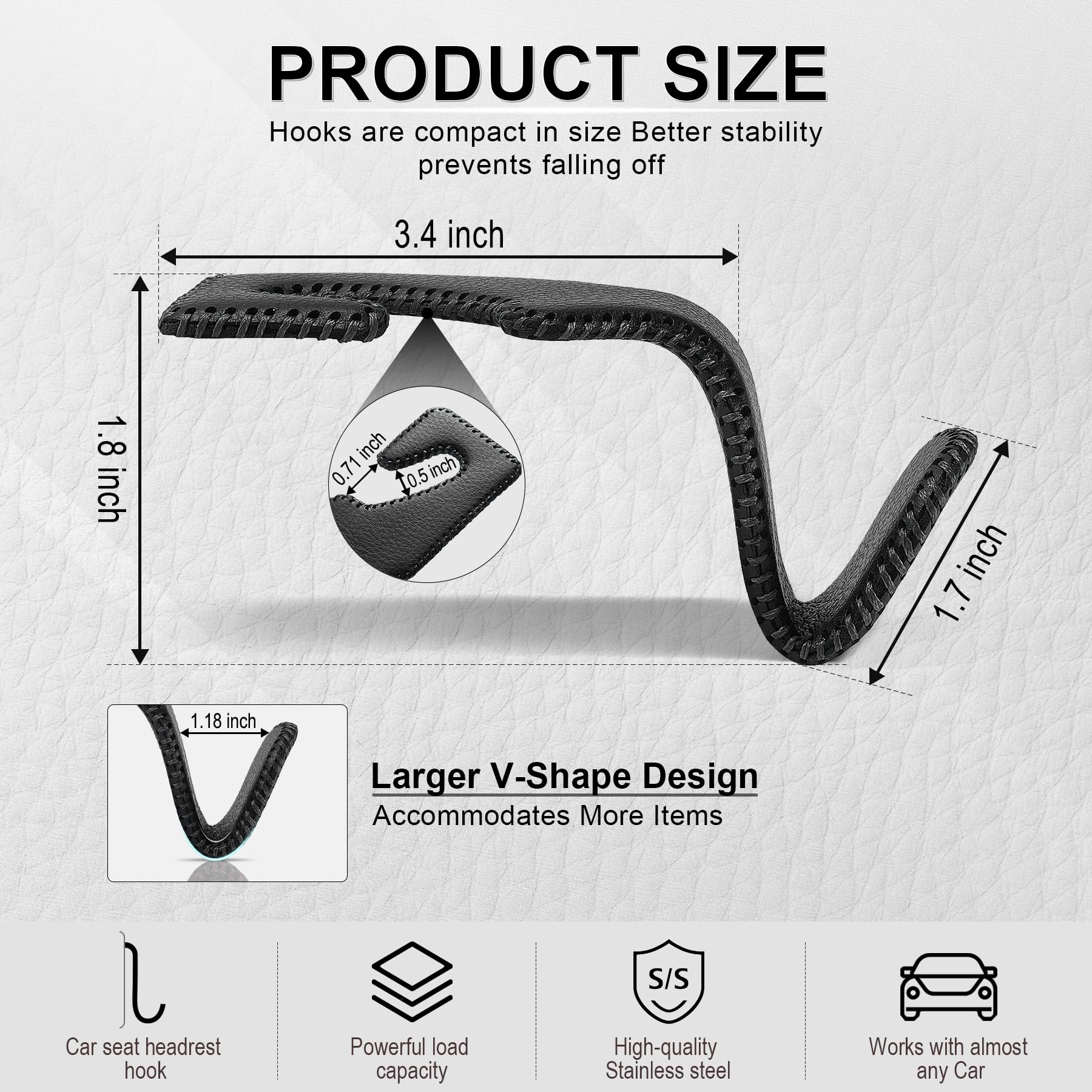 Livtee Black Superior Leather Car Seat Back Headrest Hooks, Auto Seat Hook Hangers Interior Accessories For Purse Coats Umbrella