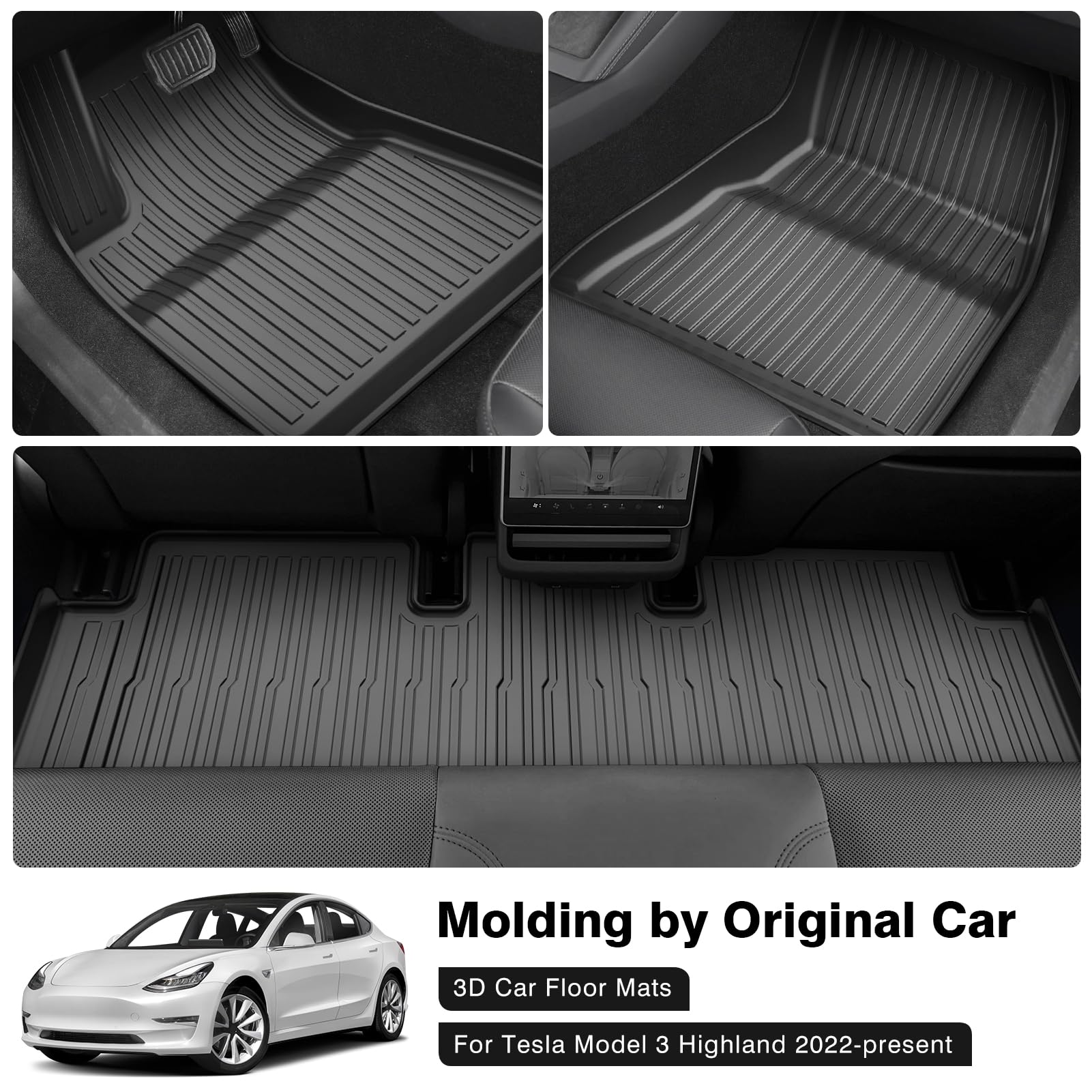 Powerty Floor Mats For 2024 2025 Tesla Model 3 Highland Accessories 1St & 2Nd Row Liner Set All Weather Tpe 3D Car Mats All-Weat