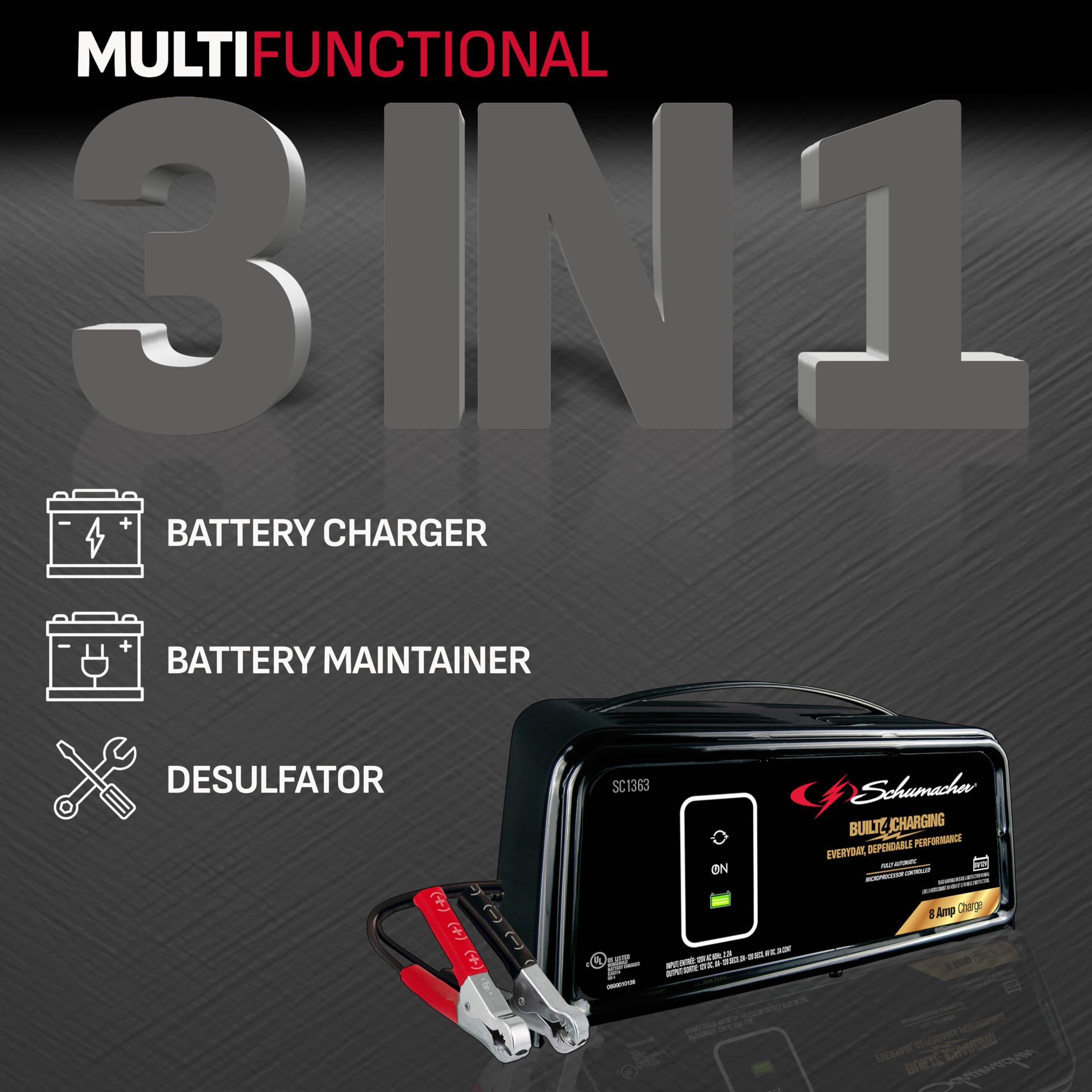 Schumacher Sc1363 Fully Automatic Battery Charger, Maintainer, And Auto Desulfator - 8 Amp/2 Amp, 6V/12V - For Cars, Trucks, Suvs, Rv Batteries