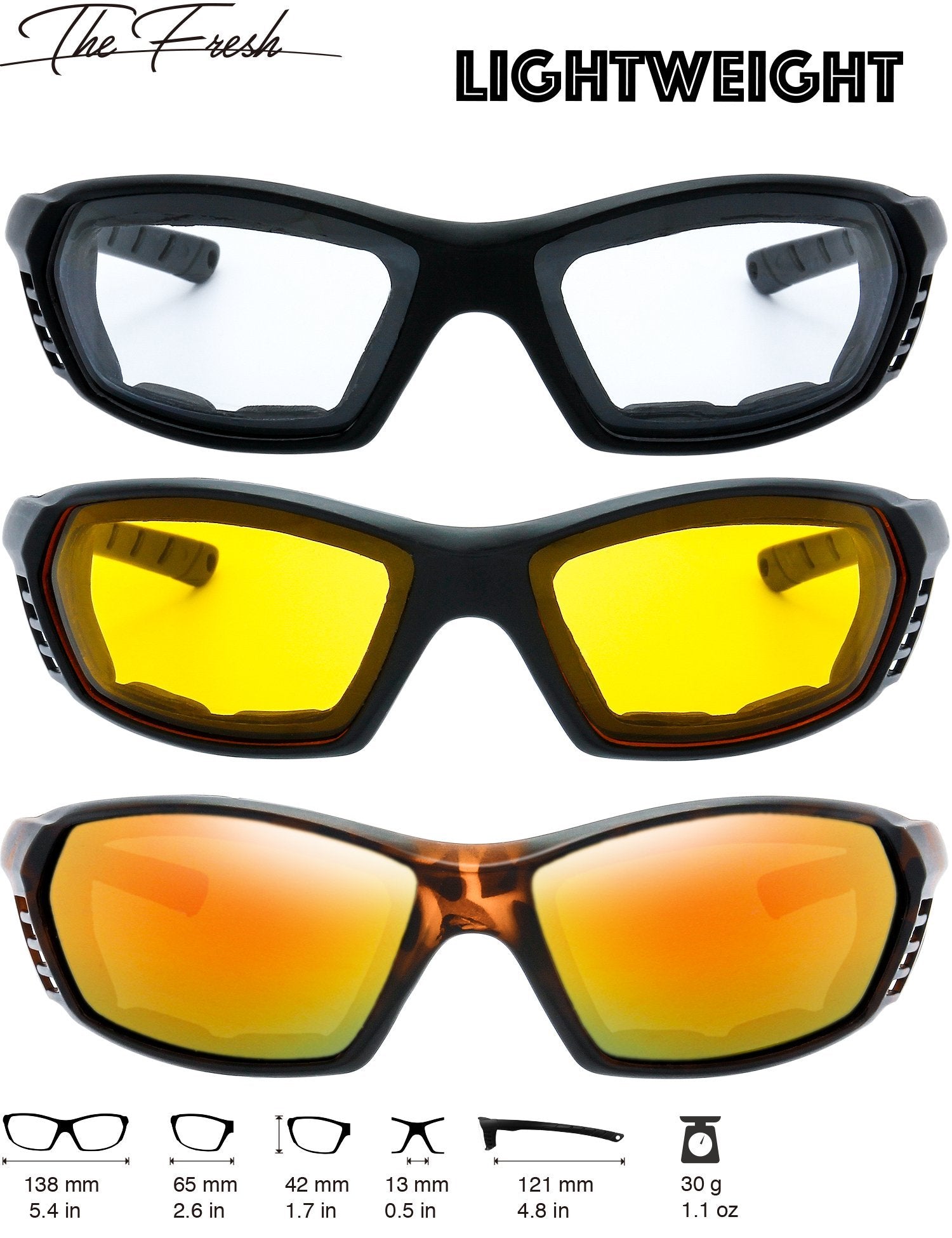 3 Pairs Motorcycle Riding Glasses Padded Frame Lens Block 100% Uvb For Outdoor Activity Sport (8-Matte Black/Tortoise, Clear, Ye