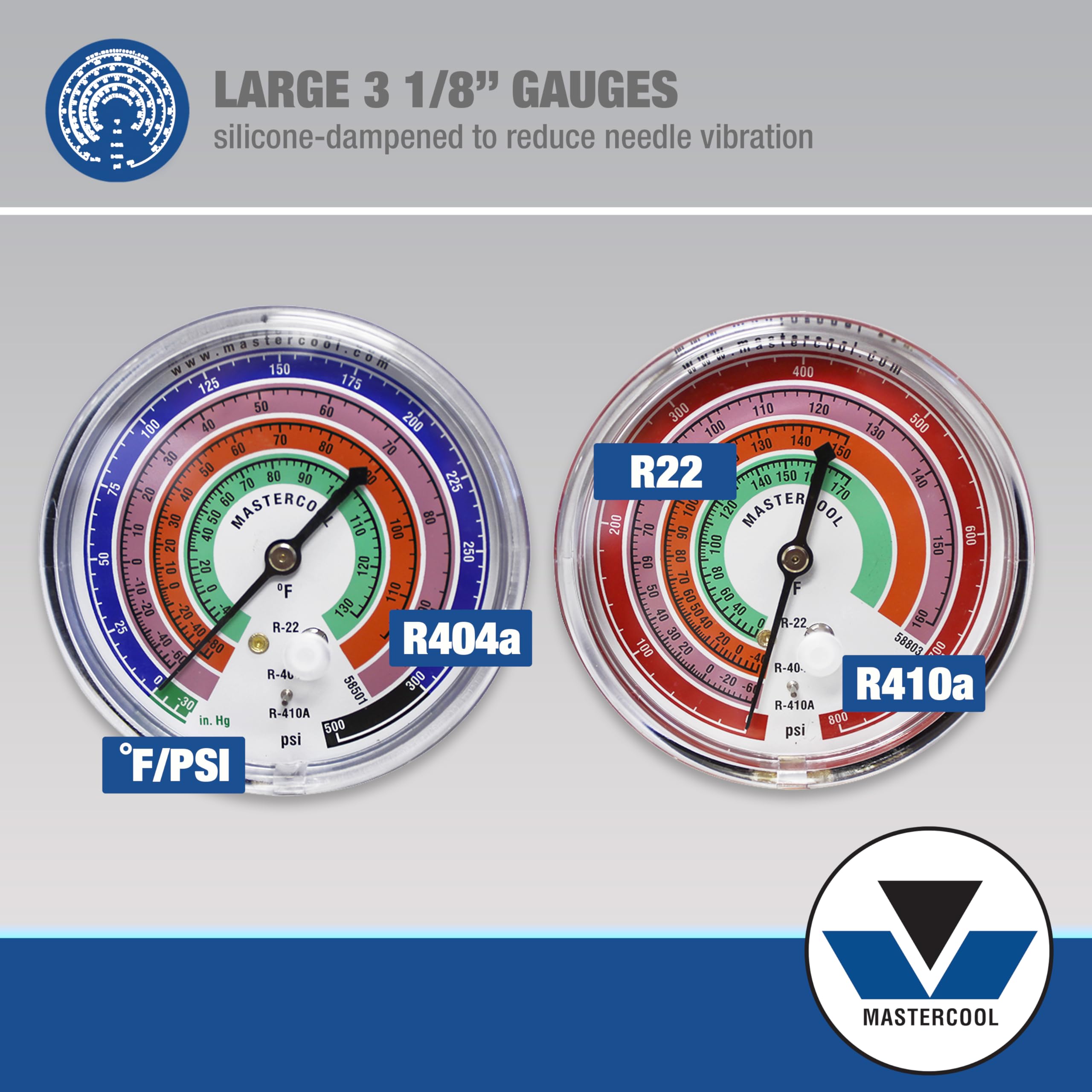 Mastercool 59161 2-Way Heavy Duty Brass Manifold Gauge Set With 3 1/8'' Silicone Dampened Gauges And 1/4'' Sae Fittings For R410