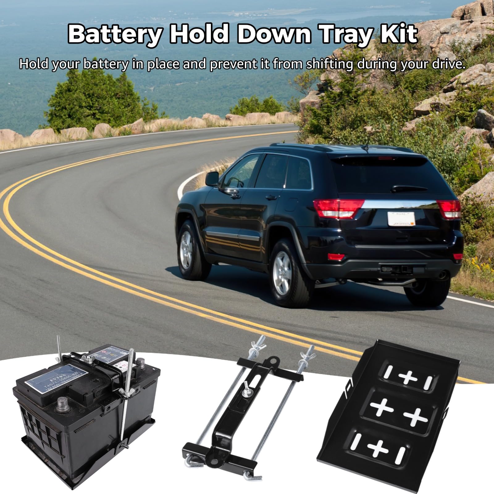 Battery Hold Down Tray Kit, Universal Battery Storage Holder, Metal Battery Tray with Adjustable Bracket Clamp, Rectangular Batt