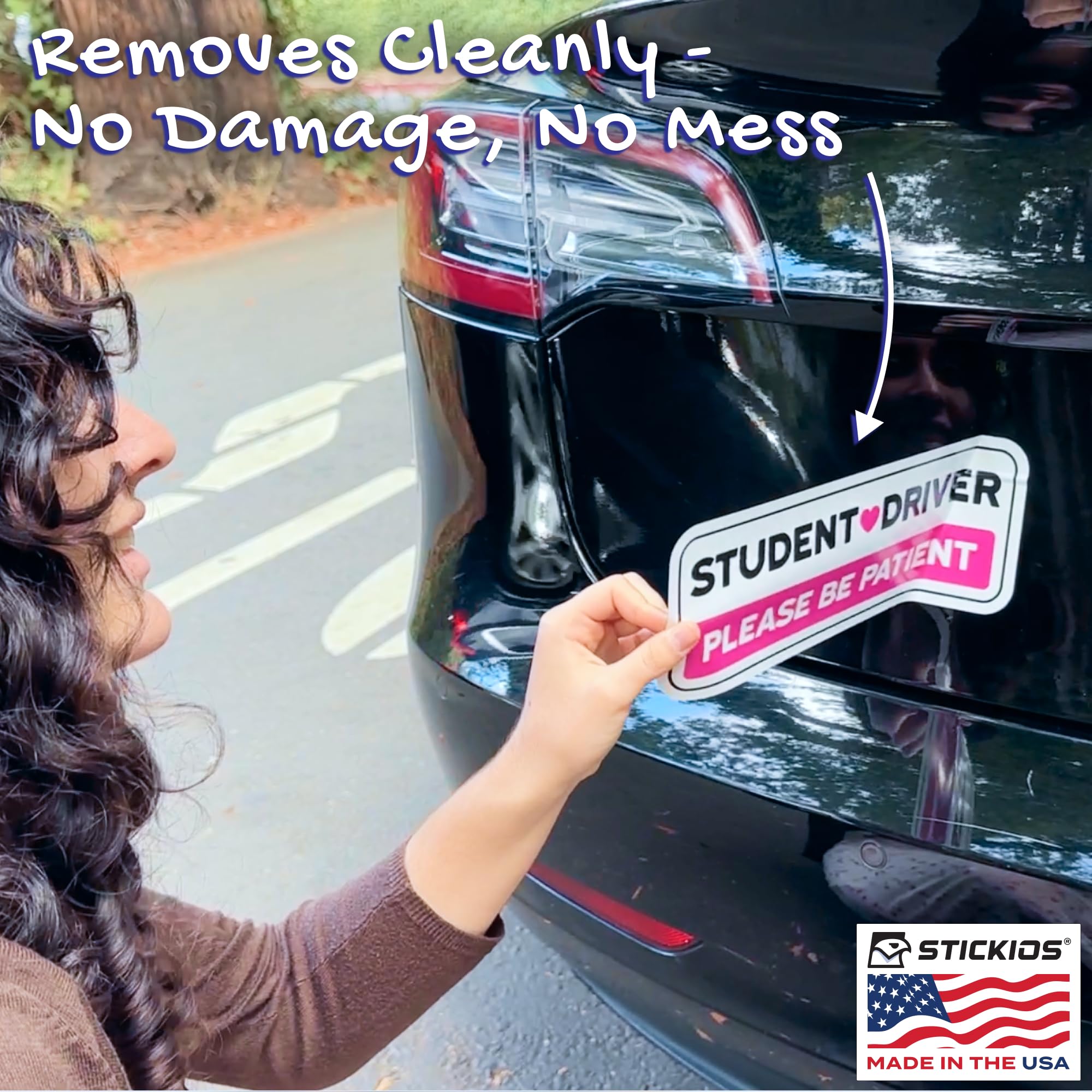 Stickios Student Driver Sticker: Non-Magnetic Removable Cute Pink Vinyl Decal Please Be Patient Sign For Cars & Windows (10.4X4