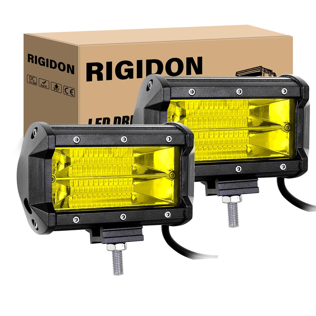 Rigidon 2Pcs Amber Led Light Bar, 5Inch 72W Double Row Flood Waterproof Off Road Led Fog Lights For Atv Suv Boat Truck Pickup 4X4 Car Led Work Light