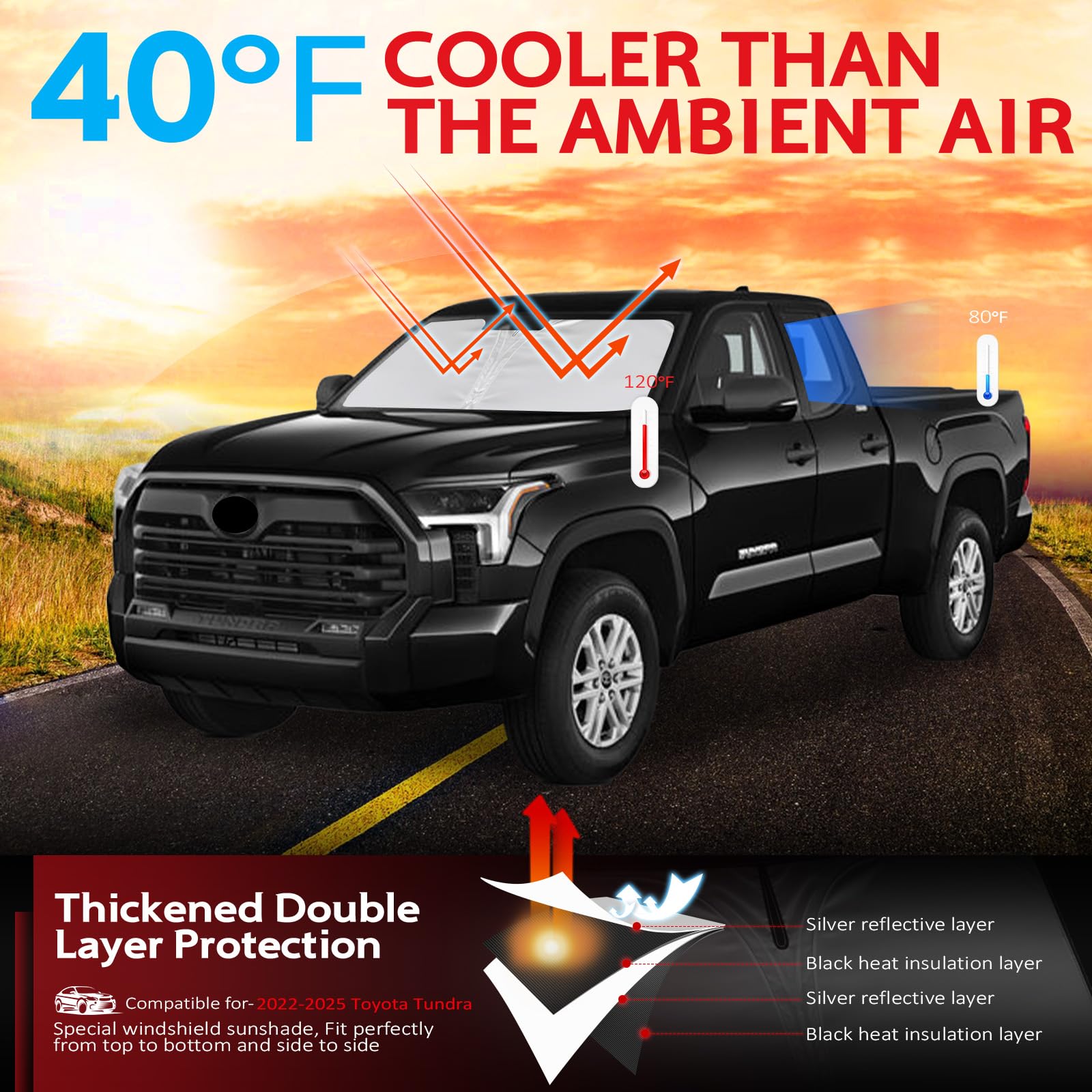 Kayzt Windshield Sun Shade For 2022-2025 Toyota Tundra (Limited, Sr5, Platinum, Trd Pro) Foldable Sunshade Front Window Custom F