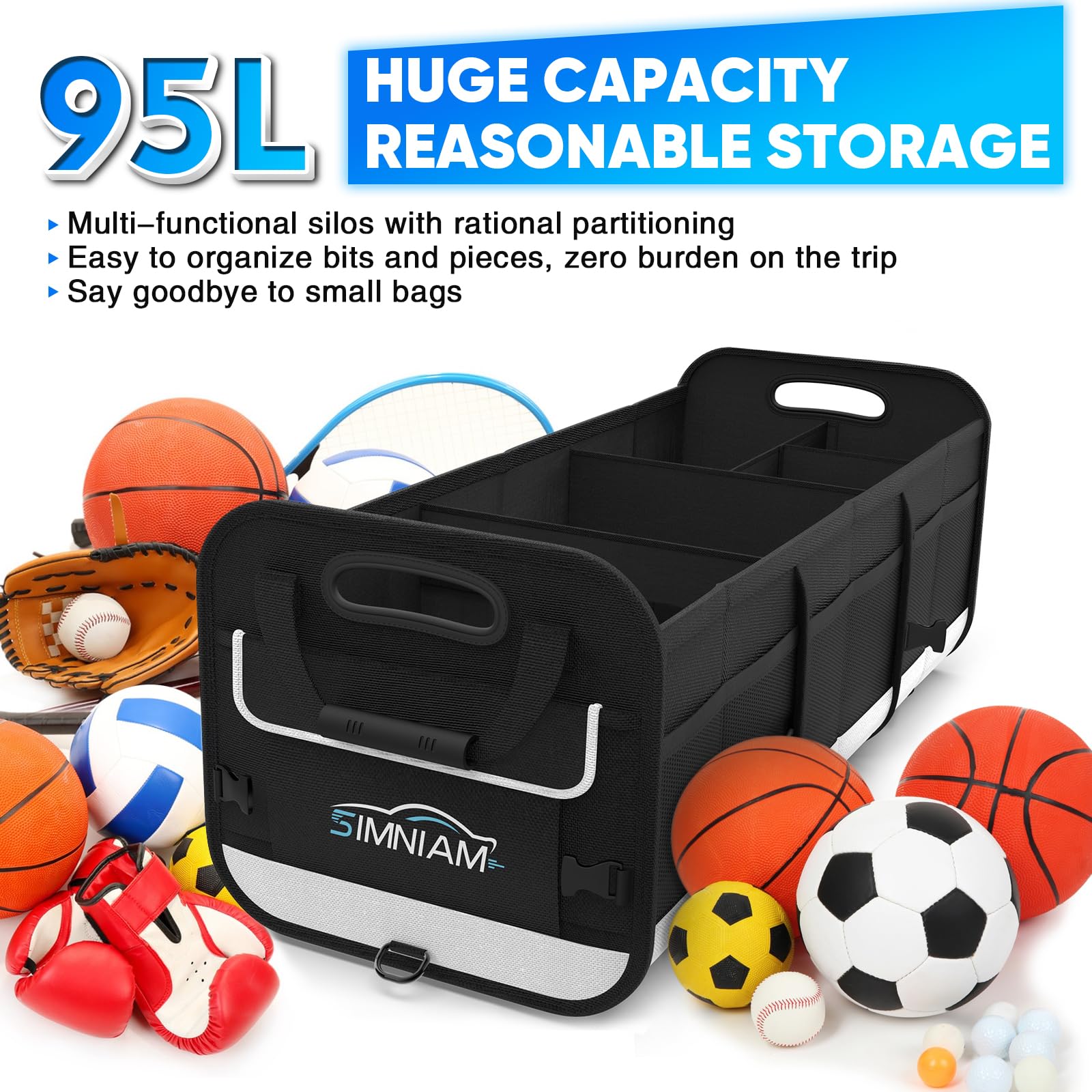 Simniam Large Car Trunk Organizer - with 5 Compartments Trunk Organizers and Storage SUV, Reinforced Handle, Securing Straps, Tr