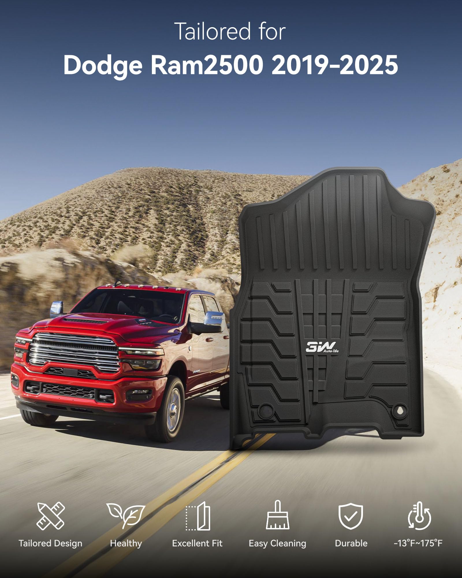 3W Floor Mats For 2019-2024 2025 Ram 2500/3500 Crew Cab With Bucket Seat (Not For Pto Kit Models), All Weather Tpe Custom Fit Do