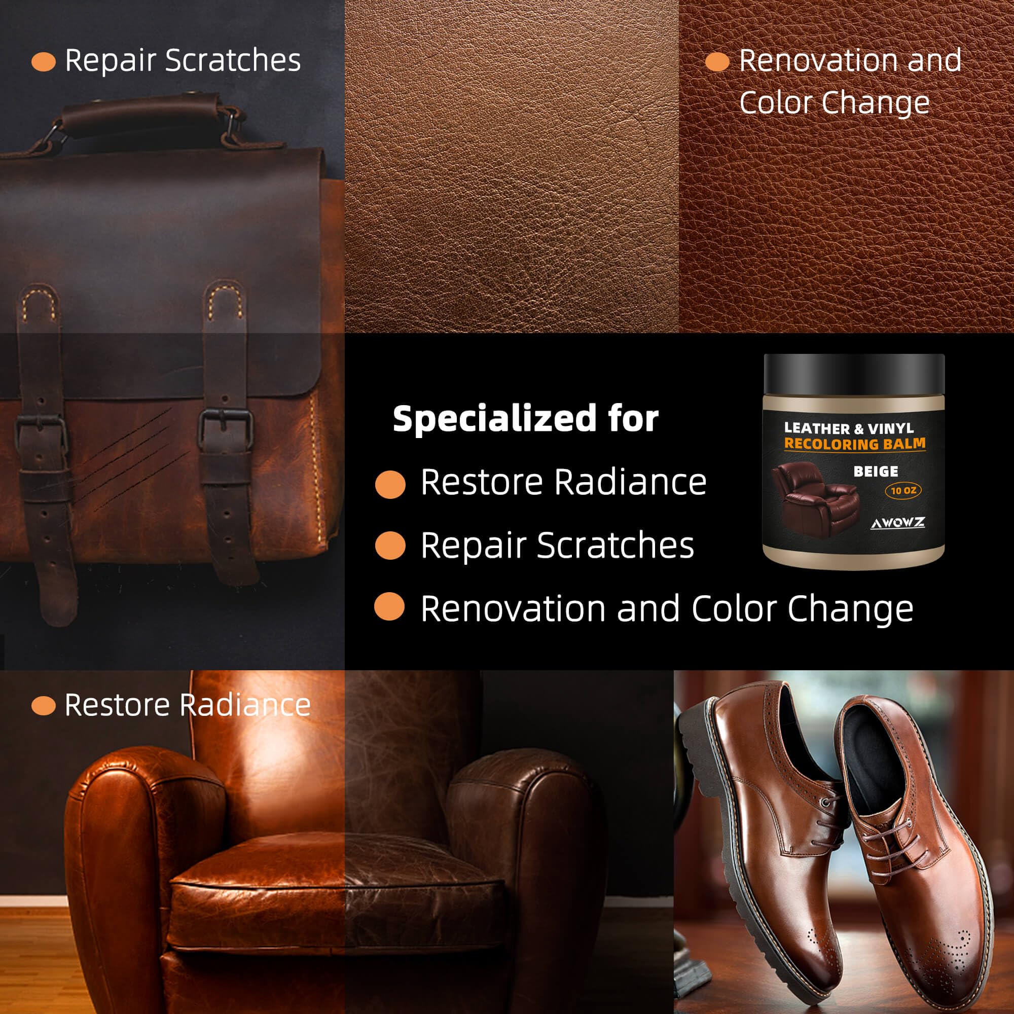 Awowz Leather Recoloring Balm, Leather Couch Repair Kit, Leather Restorer For Couches, Leather Scratch Repair, Leather Recolorin