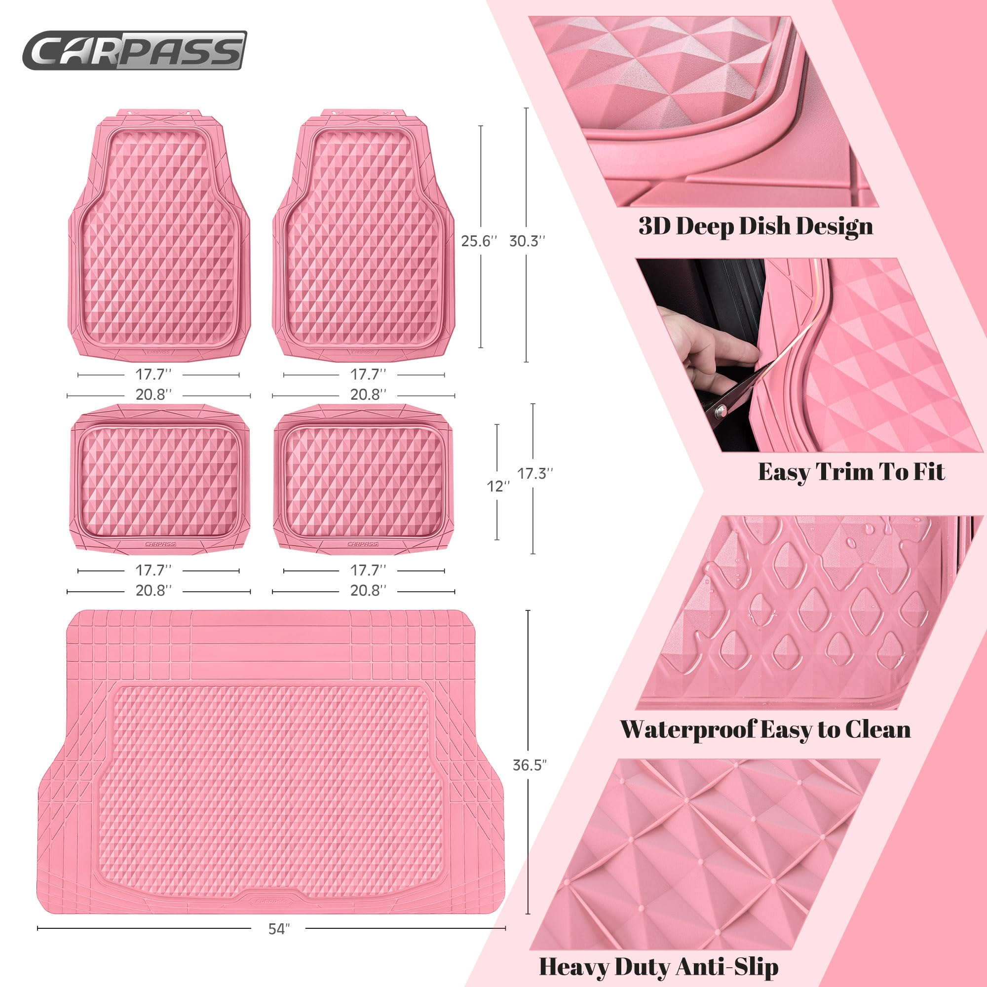 Car Pass Heavy Duty Rubber Pink Car Floor Mats & Cargo Liners, Deep Dish All-Weather Trunk Mats Durable Anti-Slip 3D Rhombus Wat