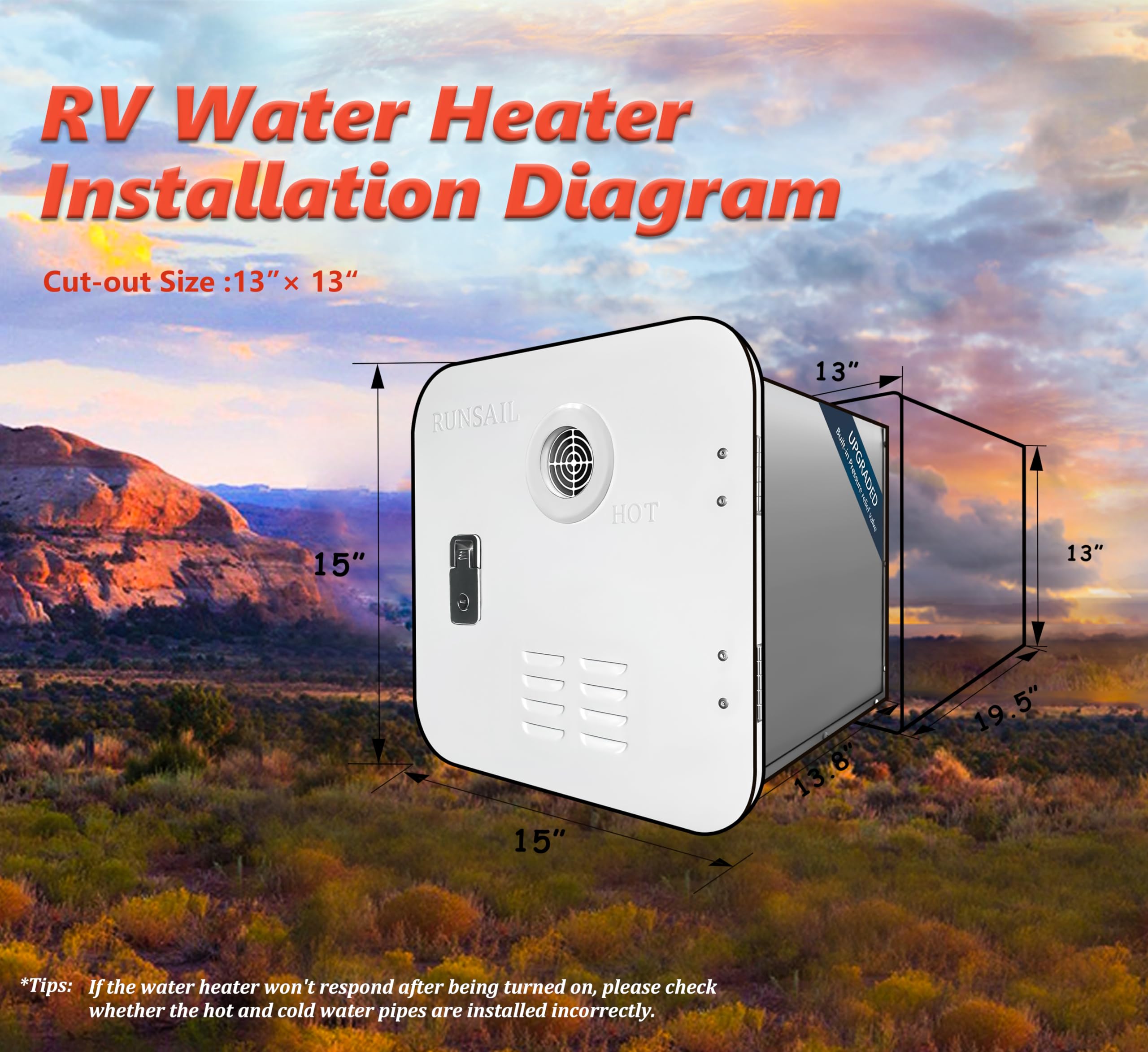 RUNSAIL [Upgraded Version] RV Tankless Water Heater, 65,000 BTU,Max 3.96 GPM, 15 x 15 Inches White Door, Build-in Pressure Relie