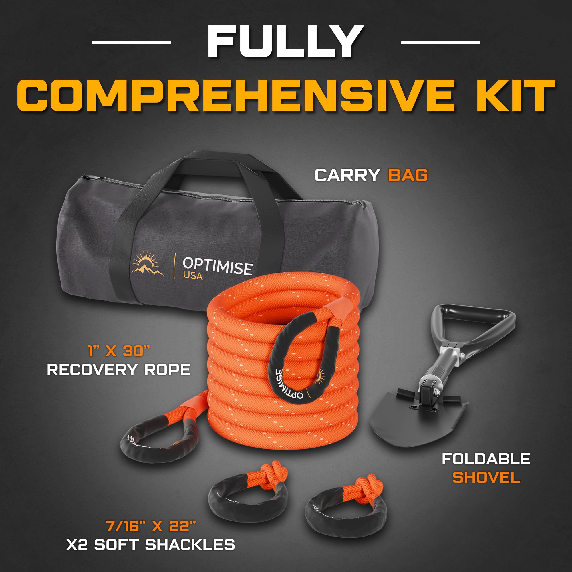 1'' X30Ft Kinetic Recovery Rope (48,500Lbs) - Heavy Duty Recovery Kit With Tow Strap, 2 Soft Shackles (7/16''X22''), Off-Road Sh