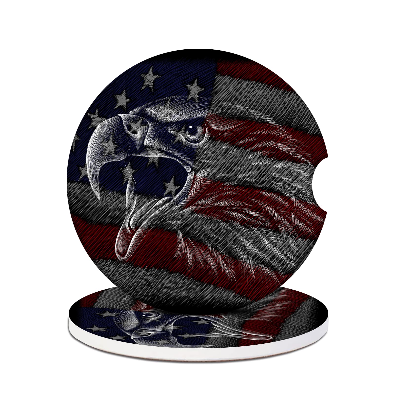 Car Cup Holder Coaster - American Flag Eagle Absorbent Ceramic Coaster, Car Coasters for Cup Holders, Auto Accessories for Women