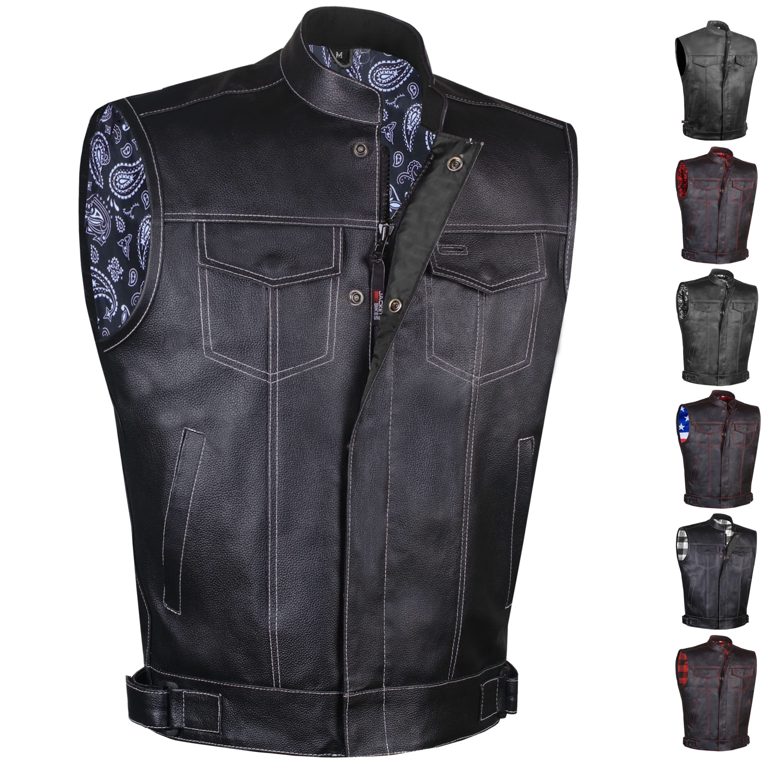 Soa Men 'S Premium Leather Motorcycle Vest With Biker Club Concealed Carry Gun Pockets W/Armor Paisley White M