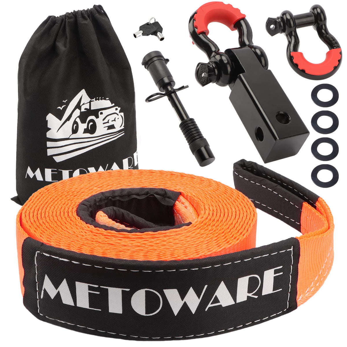 Metoware Heavy Duty Tow Strap Recovery Kit - 3'' X 30Ft(35,000Lbs) Winch Strap + 3/4'' D Ring Shackles(2Pcs) +2'' Shackle Hitch