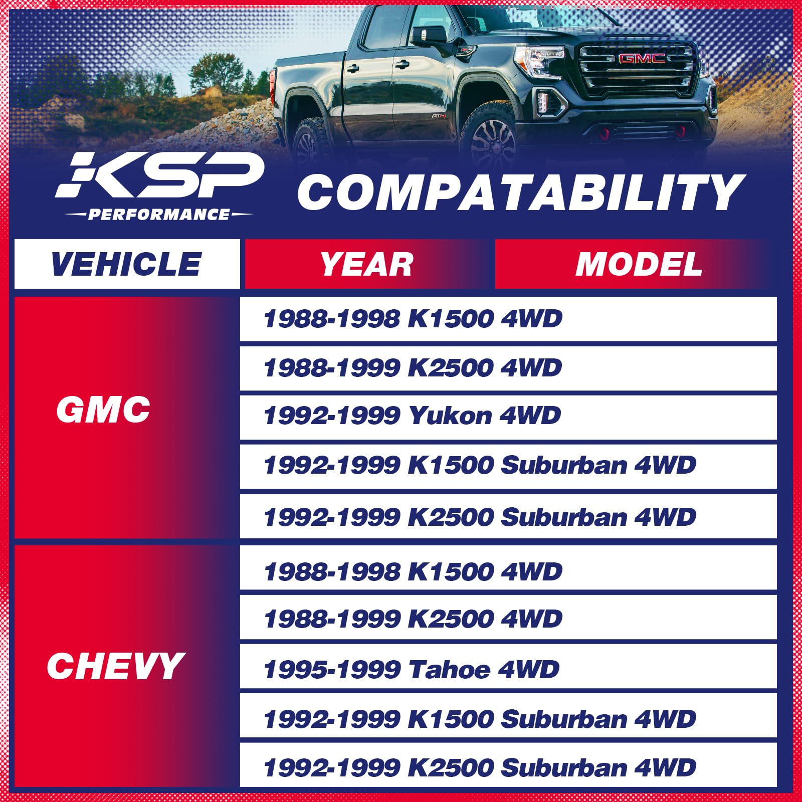 KSP PERFORMANCE Shock Extenders Kit for 1988-1999 Chevy GMC K1500 K2500 4WD, Alloy Steel, Black, Model 9F723P2