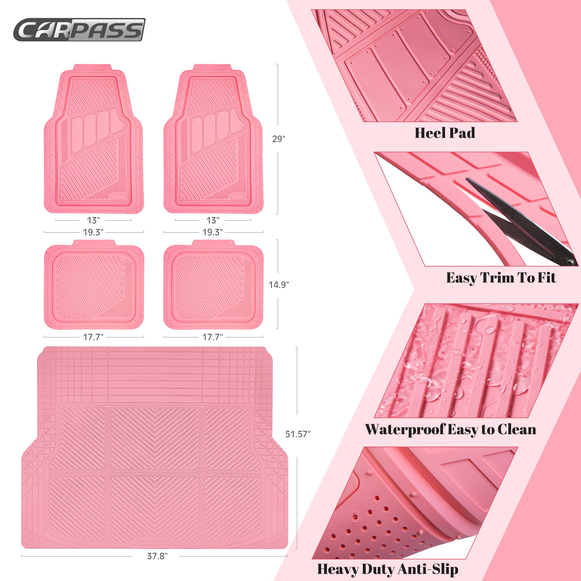 CAR PASS Heavy Duty Rubber Floor Mats Pink Car Mats Full Set with Trunk Cargo Liner - Universal Waterproof Floor Mats for Car SU