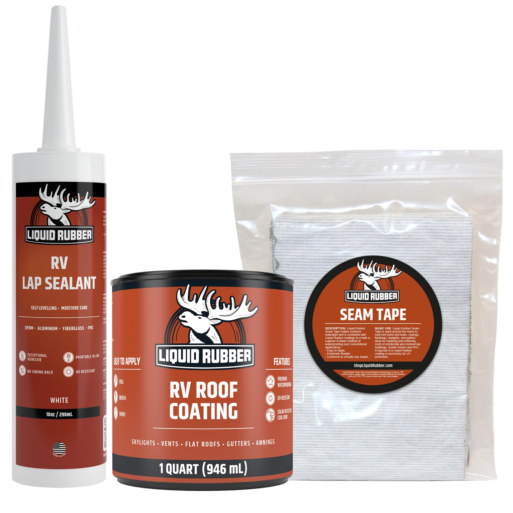 Liquid Rubber Rv Roof Coating Solar Reflective Waterproof Trailer Repair Kit Includes: Rv Sealer 1 Quart, Seam Tape - 4''X12.5',