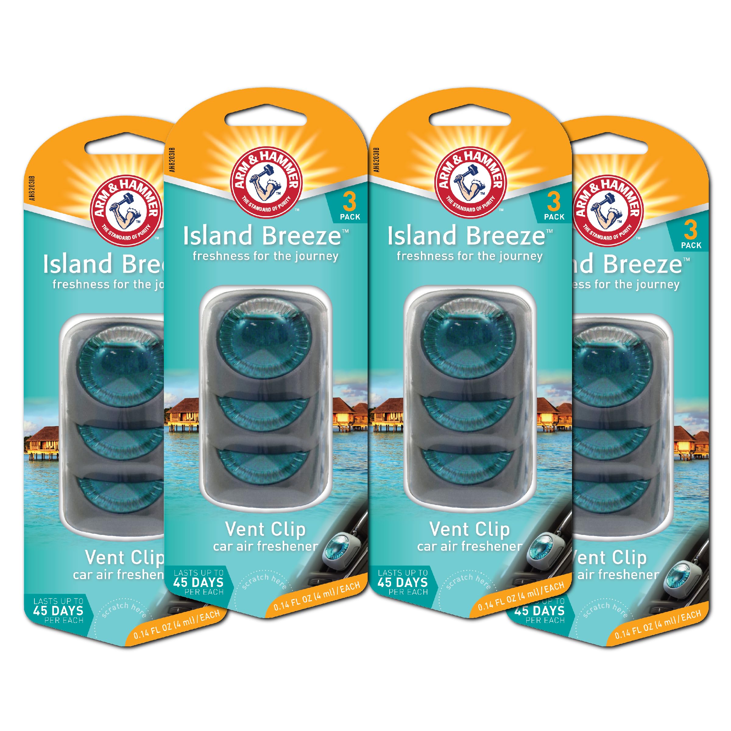 Arm & Hammer AH8203IB Island Breeze Freshness Vent Clip for Car Air Freshener 4 Pack of 3 Piece in Each