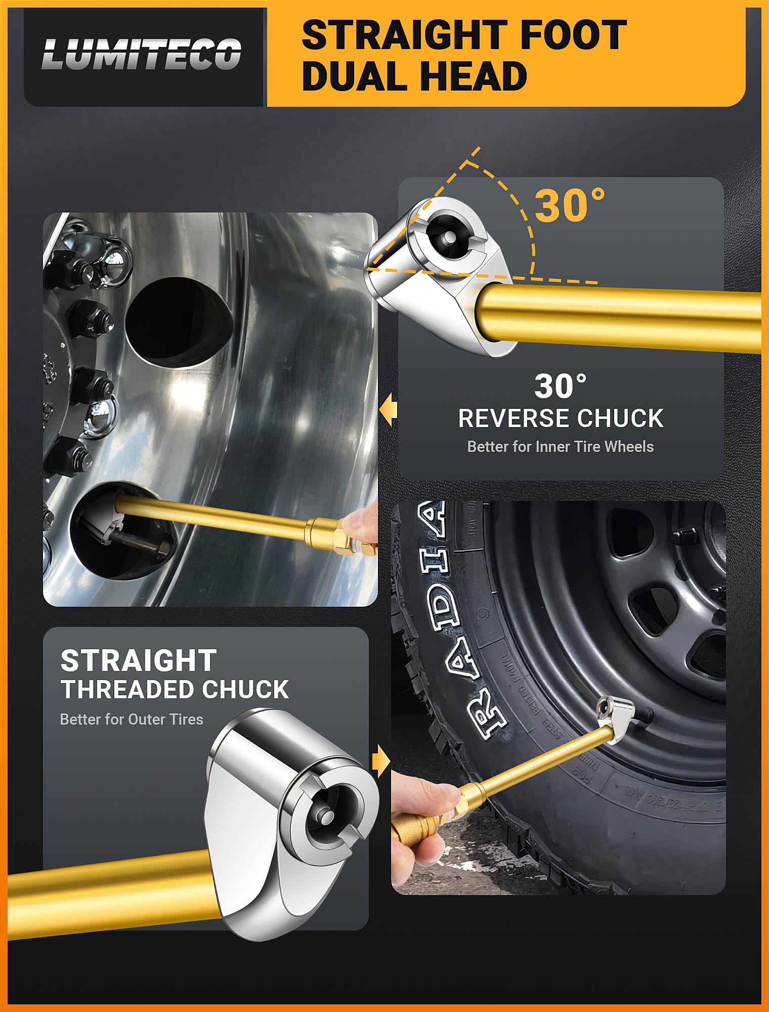 Lumiteco Dual Head Air Chuck Set, Heavy Duty Closed Ball Tire Chuck With 1/4'' Male Npt Quick Plug For 2-Way Quick Connection, N