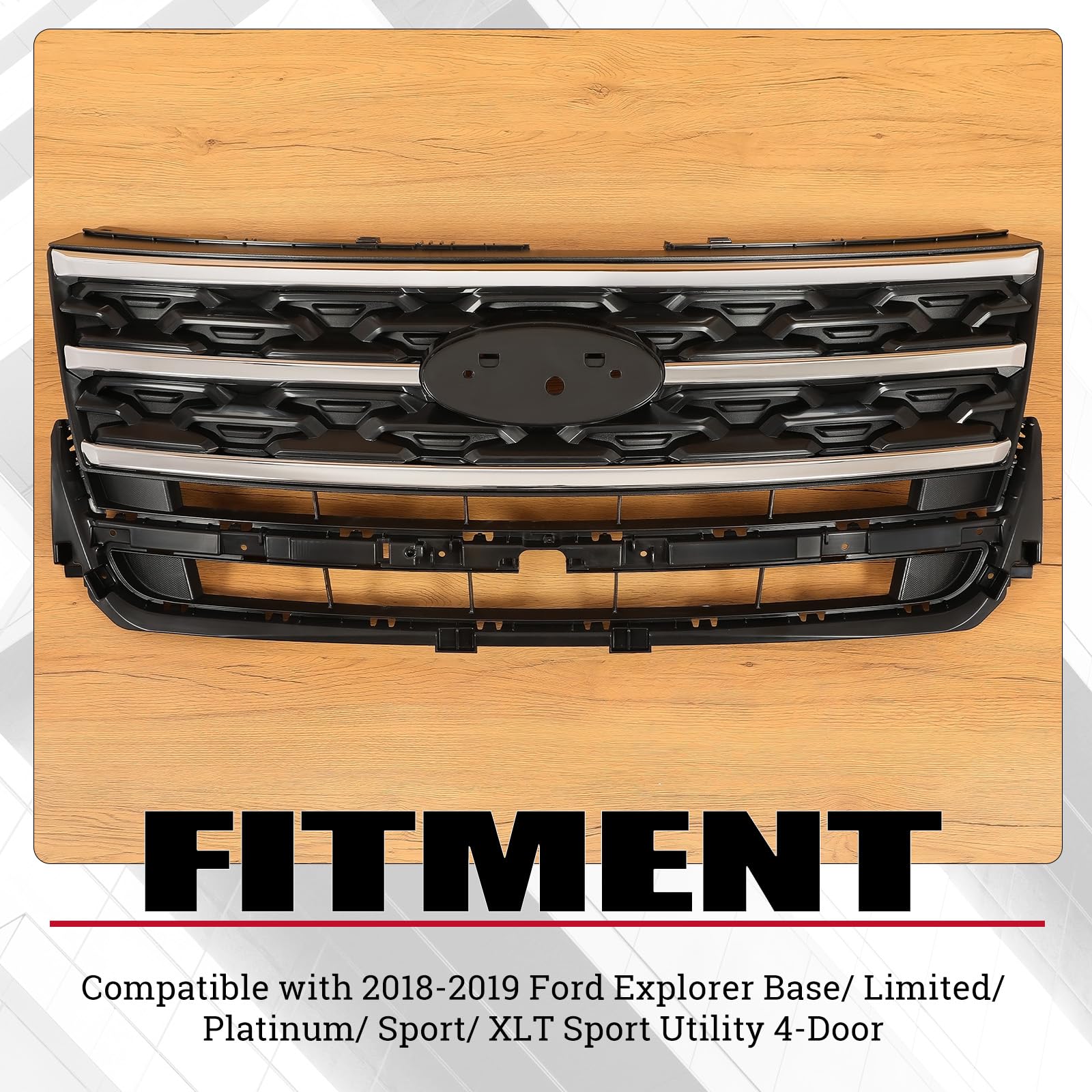 HECASA Front Grille Grill Compatible with 2018-2019 Ford Explorer Front Bumper Upper Hood Grill Chrome Black & Silvery