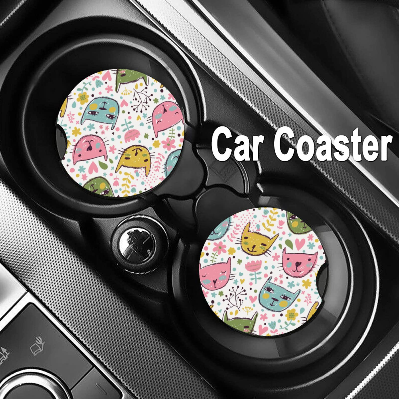 Abstract Cute Cat Absorbent Car Cup Coasters,Cup Holders,Cork Base Drink Coasters With Finger Notch For Easy Move Of Car Cup Hol