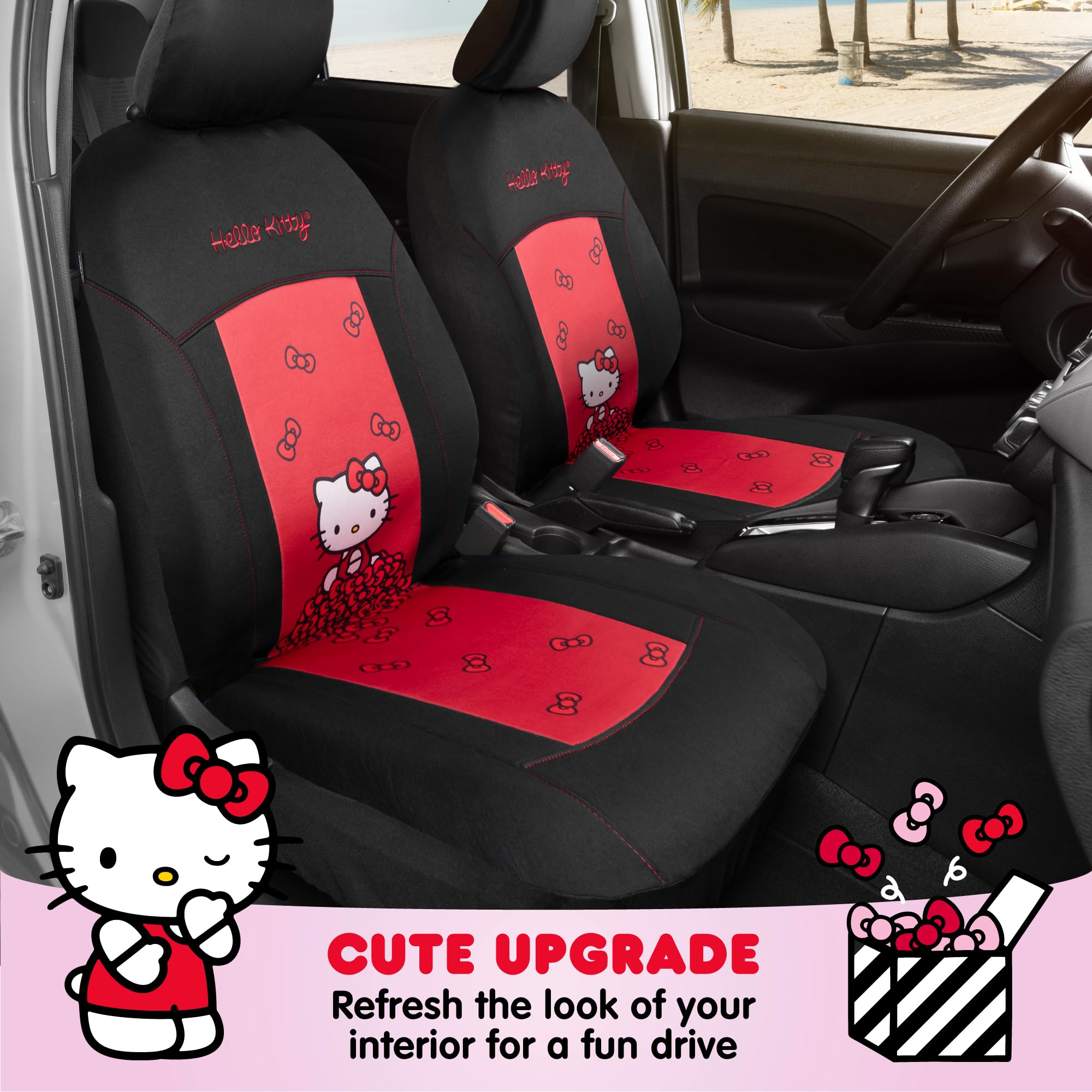 Hello Kitty Car Seat Covers - Stylish Black and Red Front Seat Covers with Cute Bow Design, Durable and Comfortable Polyester, C