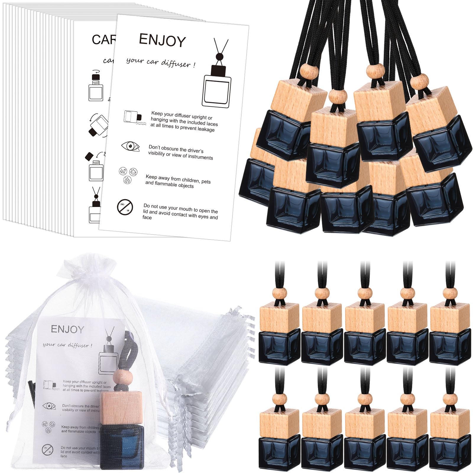 Boao 25 Sets Hanging Car Air Freshener Diffuser Bottles Empty Bulk with Car Diffuser Instruction Cards Organza Bags Glass Refill