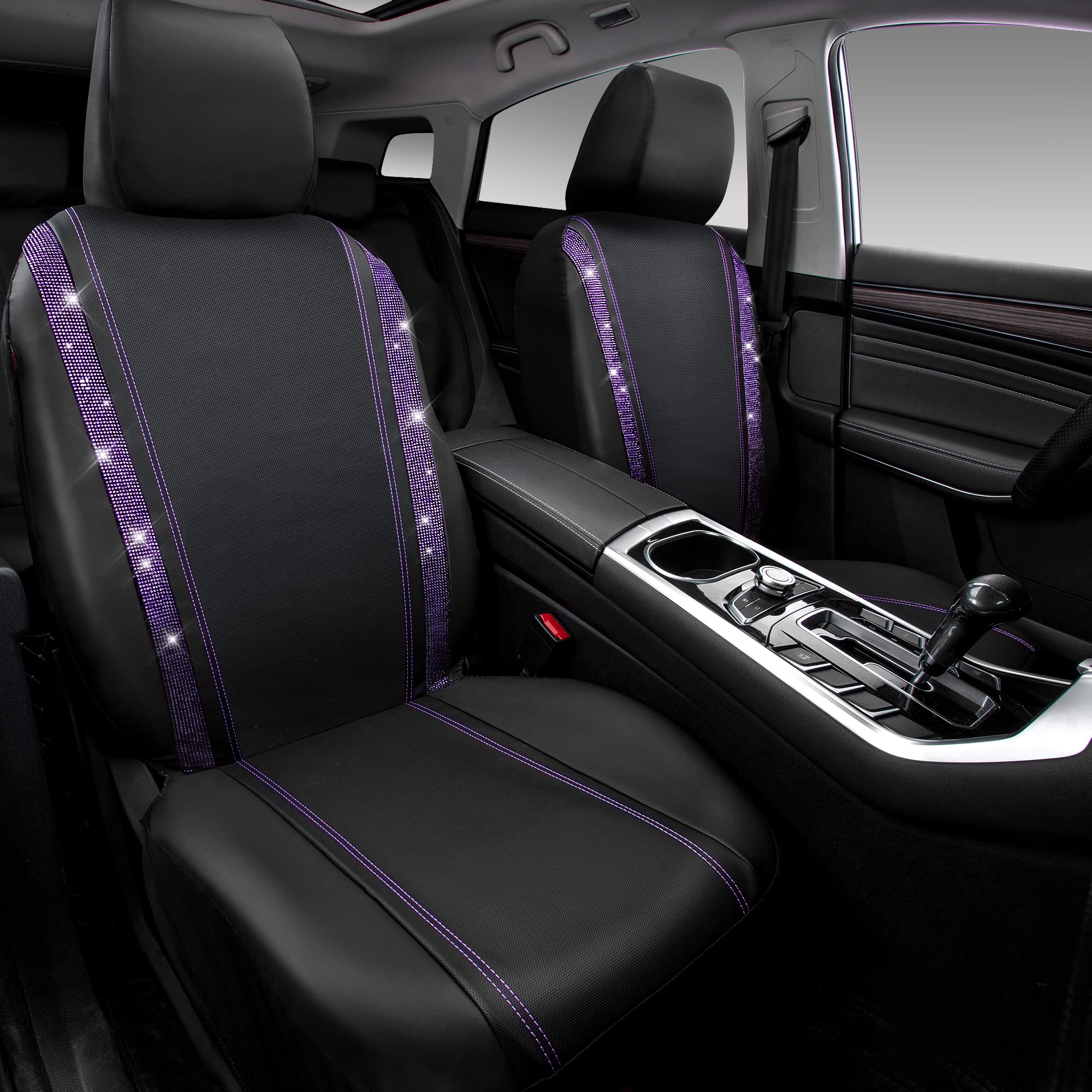 CAR PASS Leather Diamond Bling Car Seat Cover 2 Front Interior Sets, Waterproof Universal Shining Glitter Crystal Sparkle Fit fo