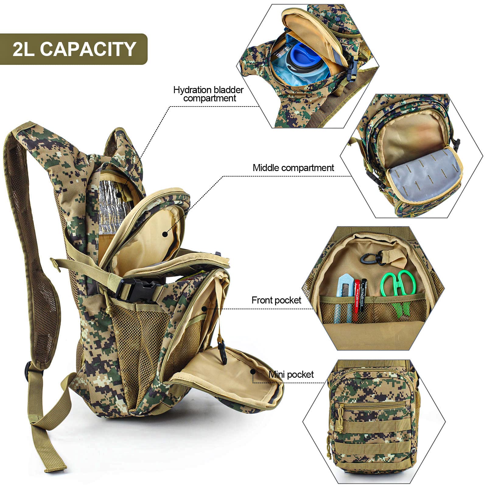 Zavothy Tactical Hydration Backpack With 2L Water Bladder For Outdoor Activities Like Hiking, Cycling, Running, Climbing, Hunting, And Biking - Camo Design